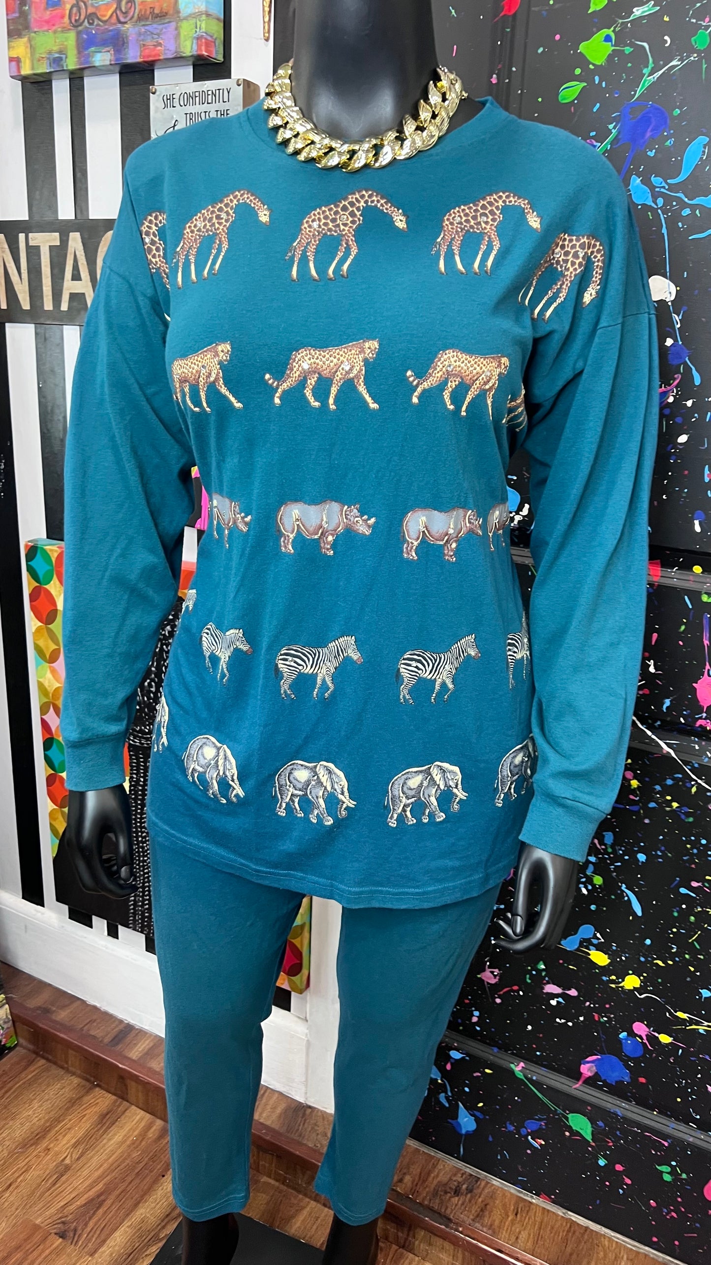 Vintage Cotton Animal Print & Jewel Top Pants Set