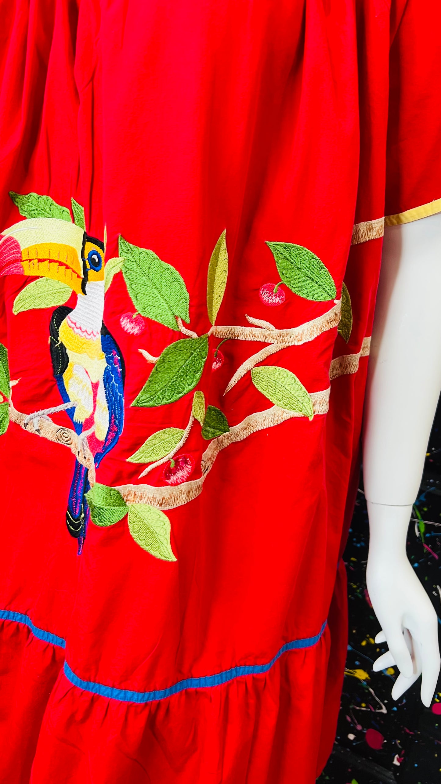 Vintage Cotton Red Parrot House Dress w/Pockets (22/24)