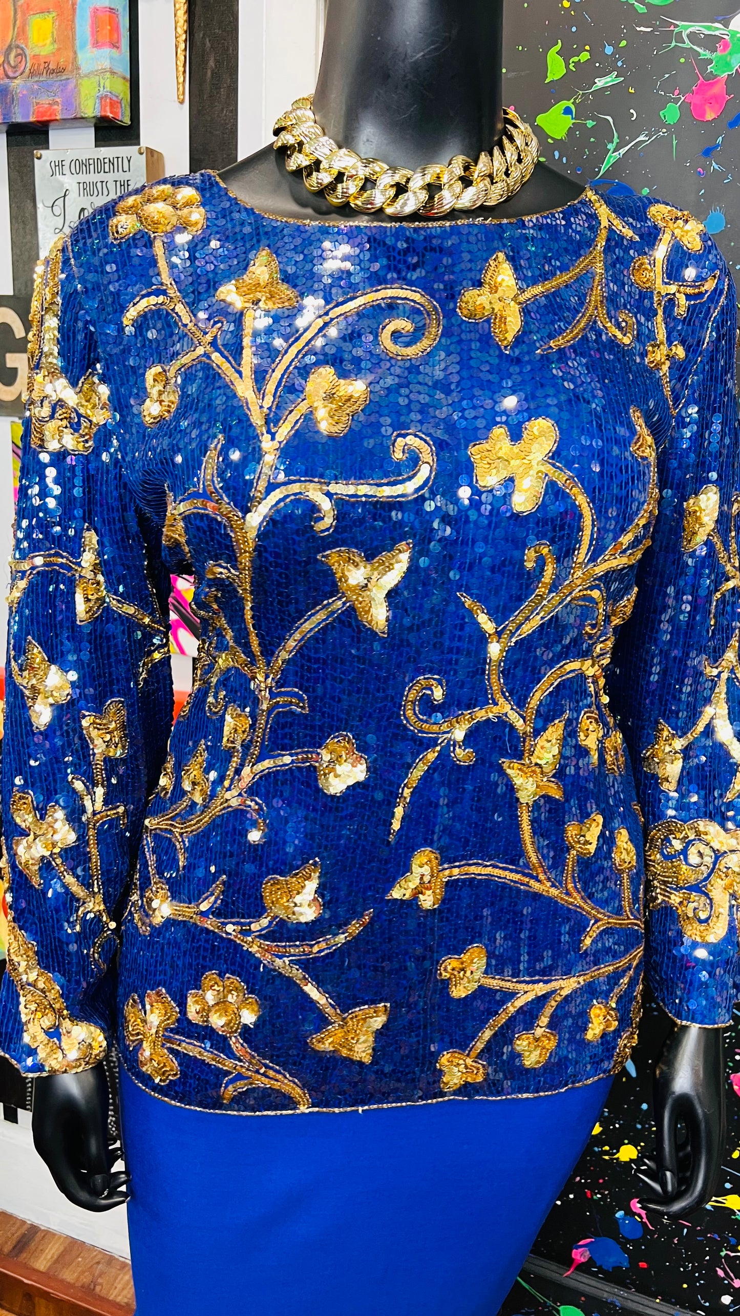 Vintage Blue & Gold Sequin Blouse (14)