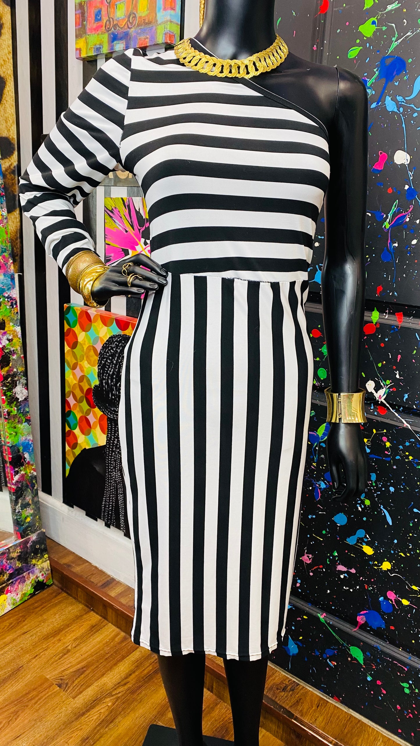 One Shoulder Black & White Striped BodyCon Dress (16/18)