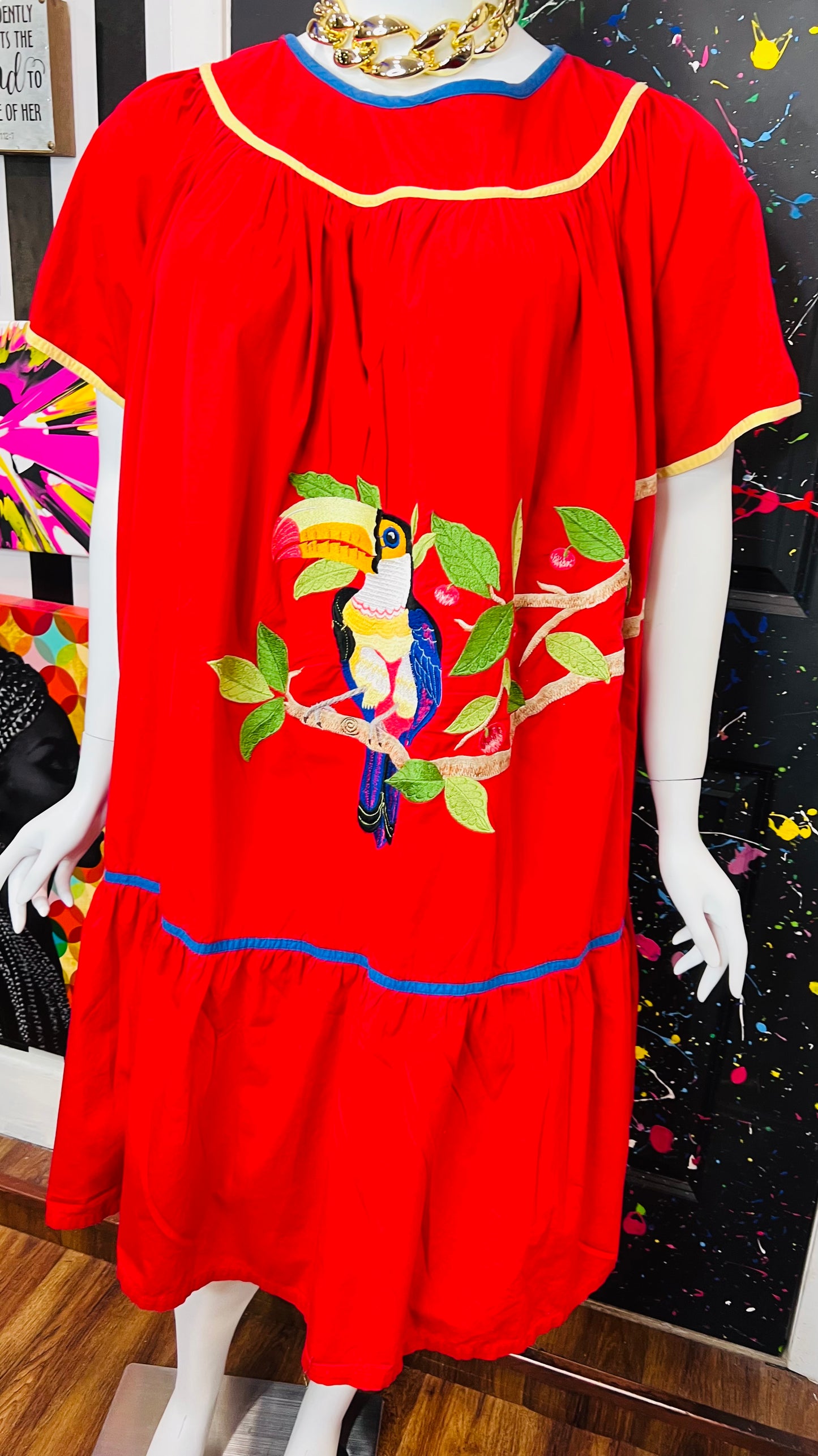 Vintage Cotton Red Parrot House Dress w/Pockets (22/24)