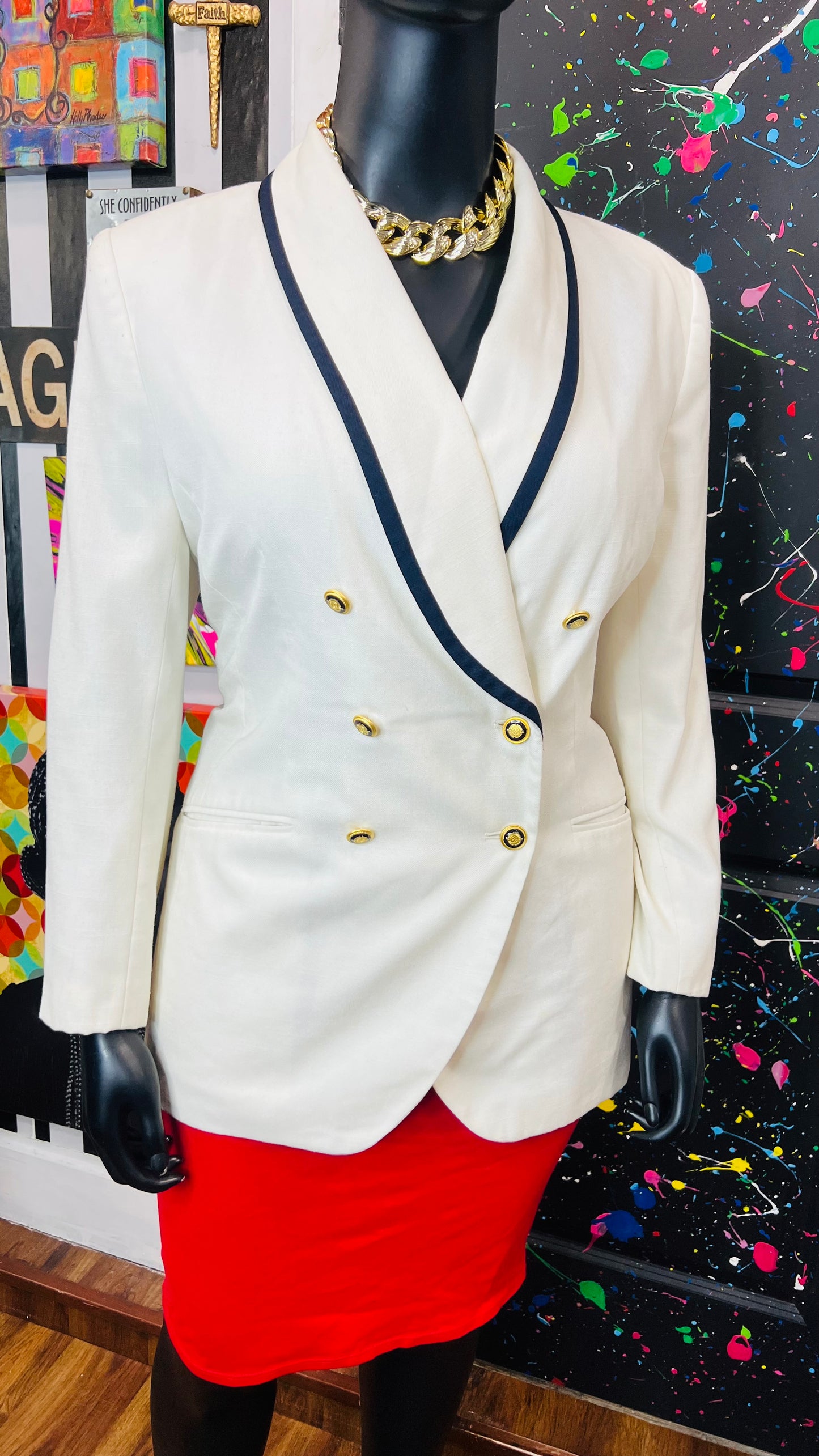 Vintage Cream Navy Blue & Gold Blazer (18W)