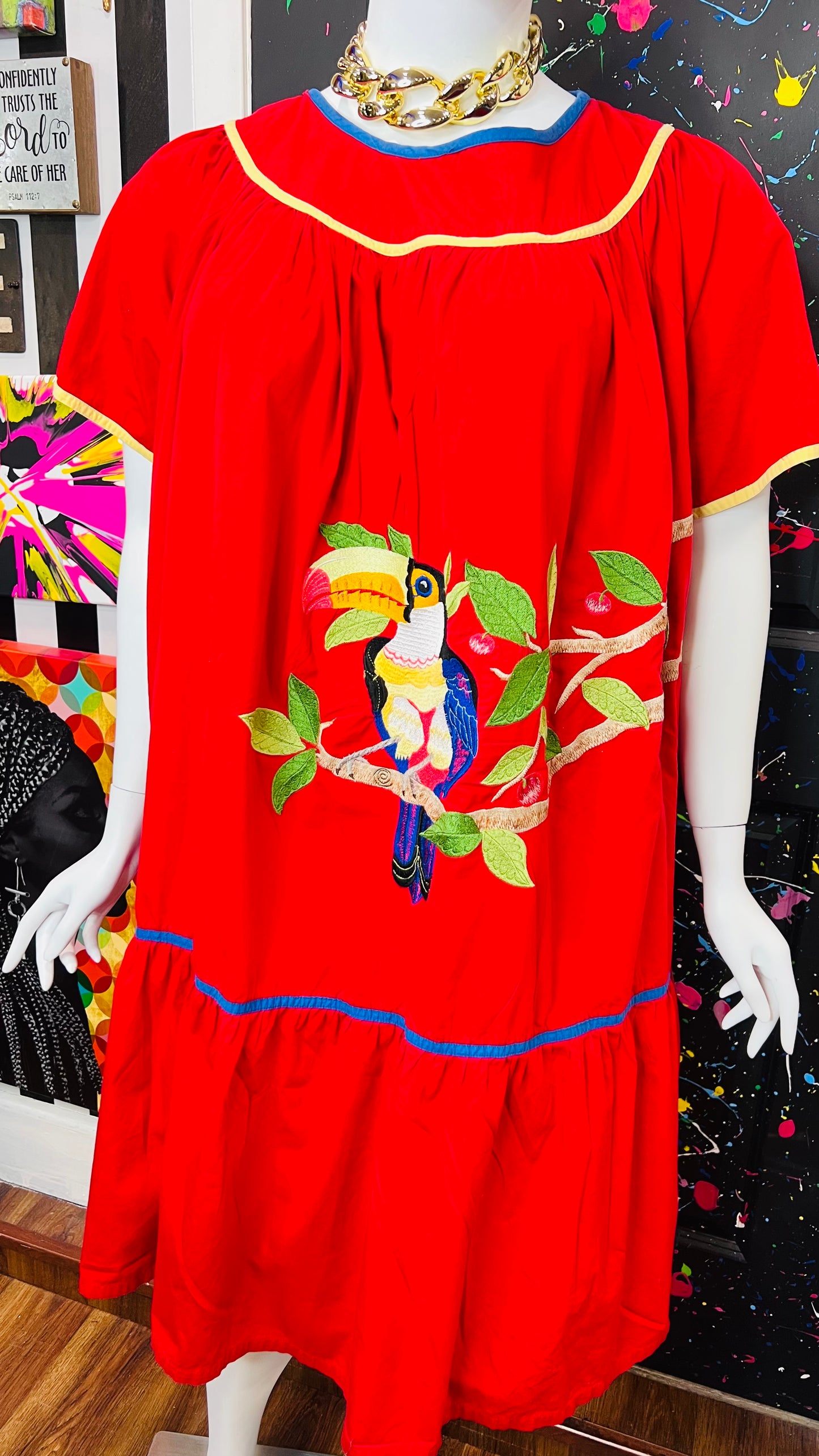 Vintage Cotton Red Parrot House Dress w/Pockets (22/24)