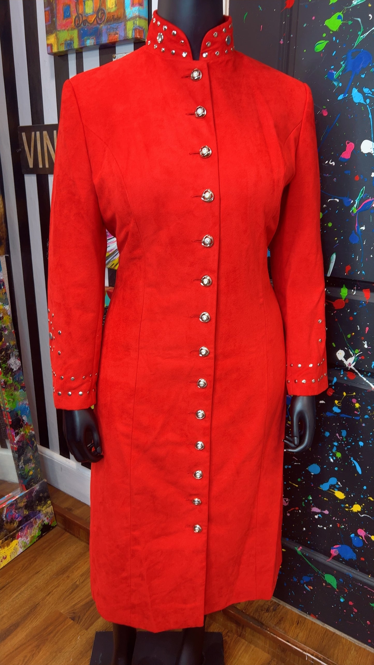 Vintage Studded Long Red Jacket & Skirt Suit (14W)