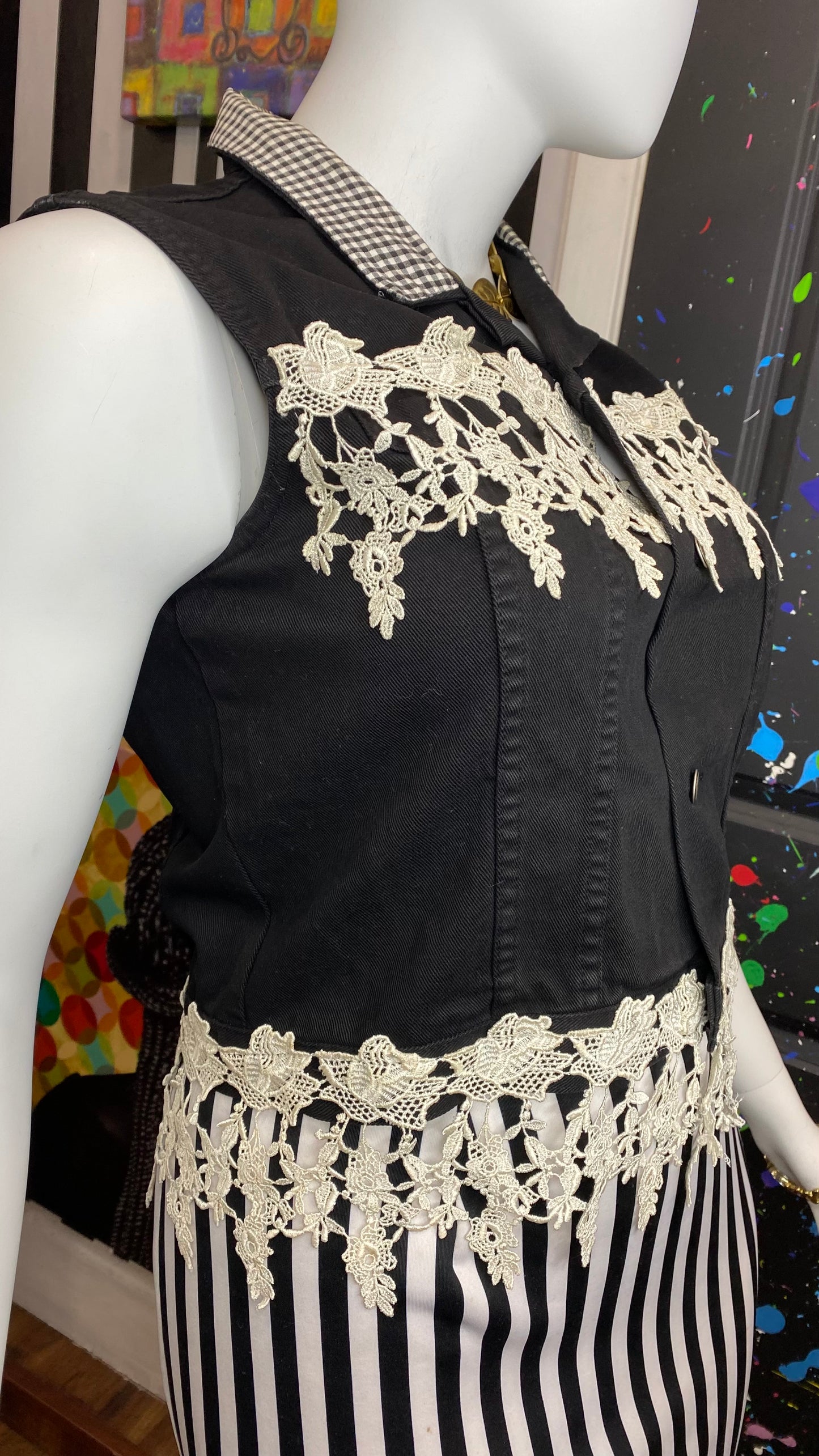 Vintage Black & White Denim & Lace Vest (14)