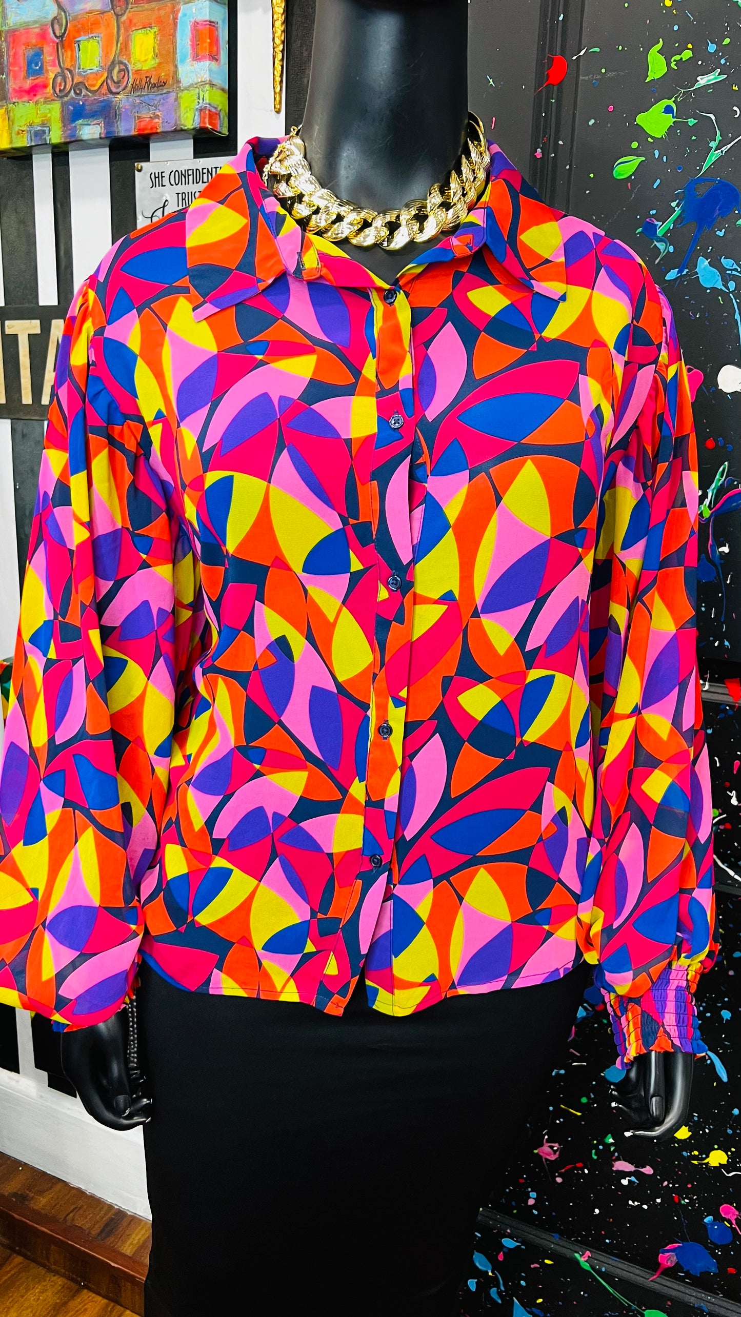 Colorful Balloon Sleeve Blouse (22)