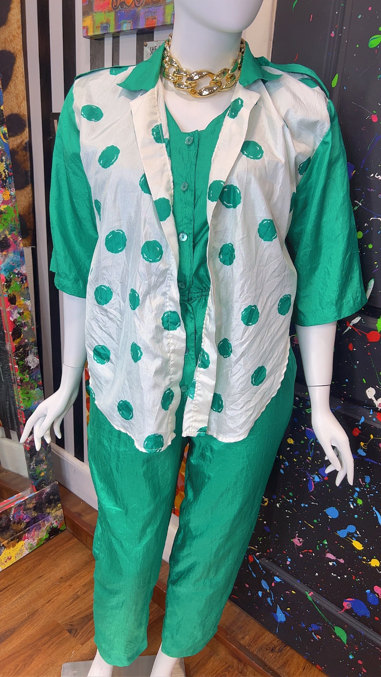 Vintage Green Jumpsuit w/ White & Green Polka Dots (14W)