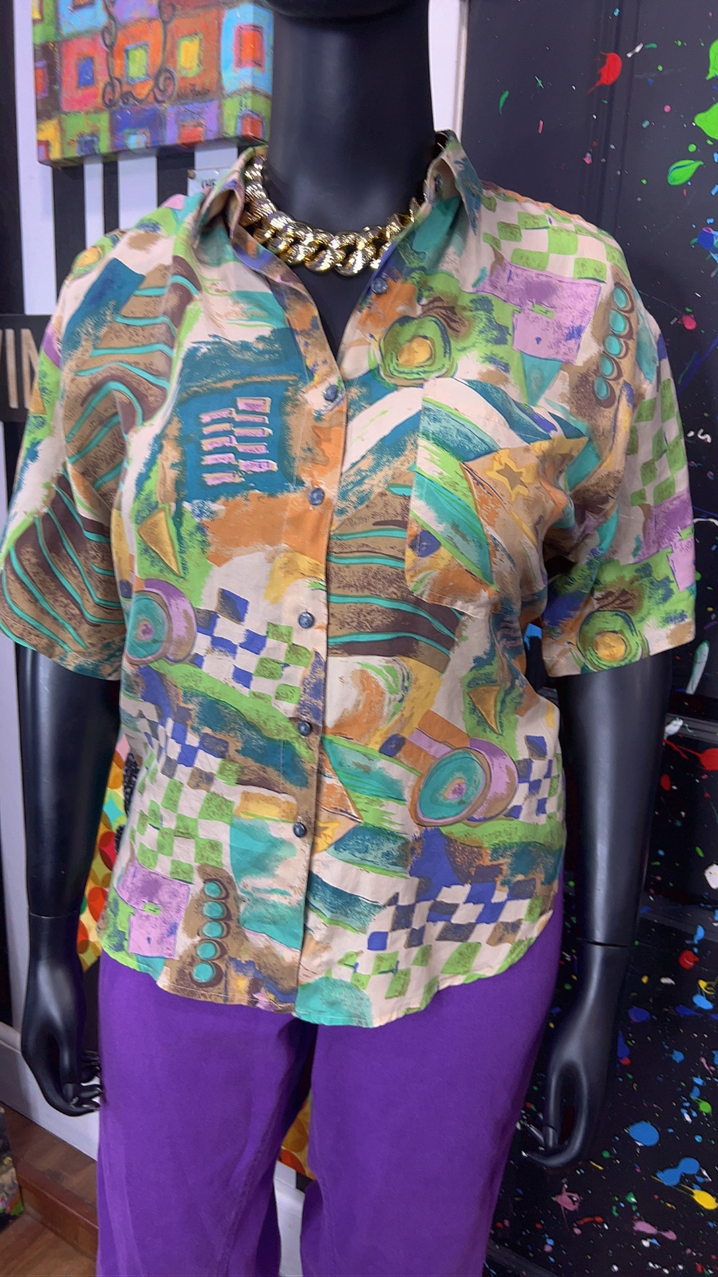 Vintage 100% Silk Abstract Blouse (16)