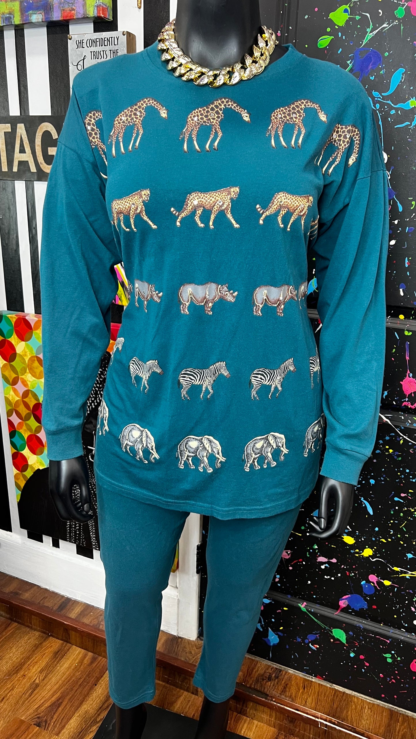 Vintage Cotton Animal Print & Jewel Top Pants Set