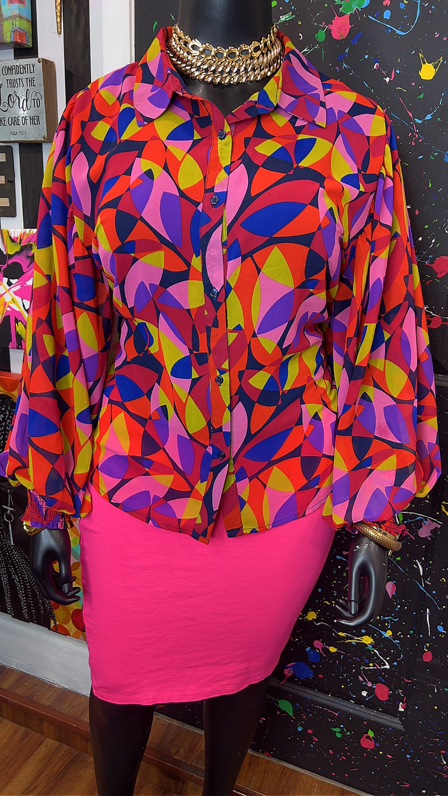Abstract Ballon Sleeve Blouse (20/22)