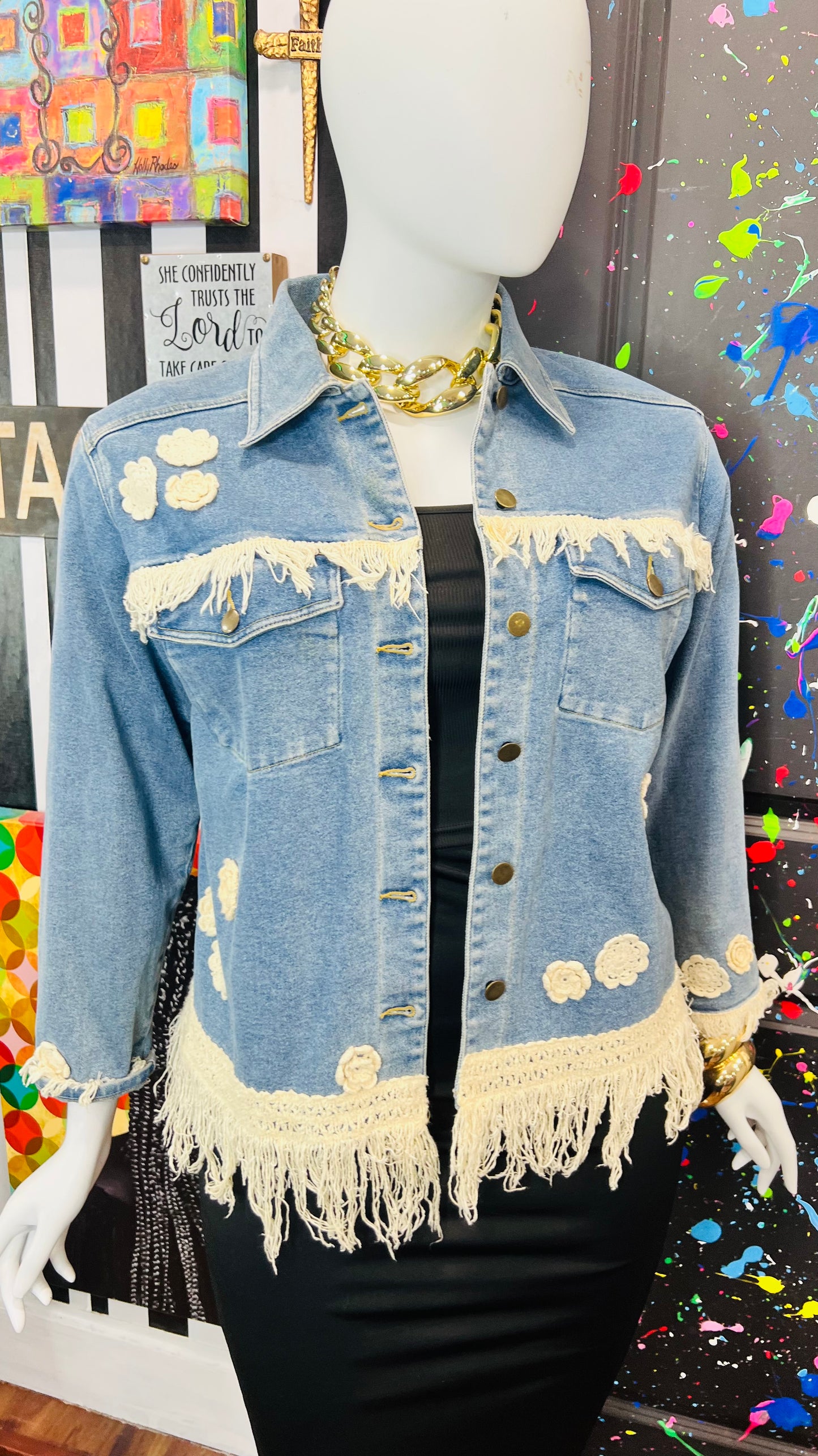 Vintage Carole Little Denim Jacket with Fringe (14)