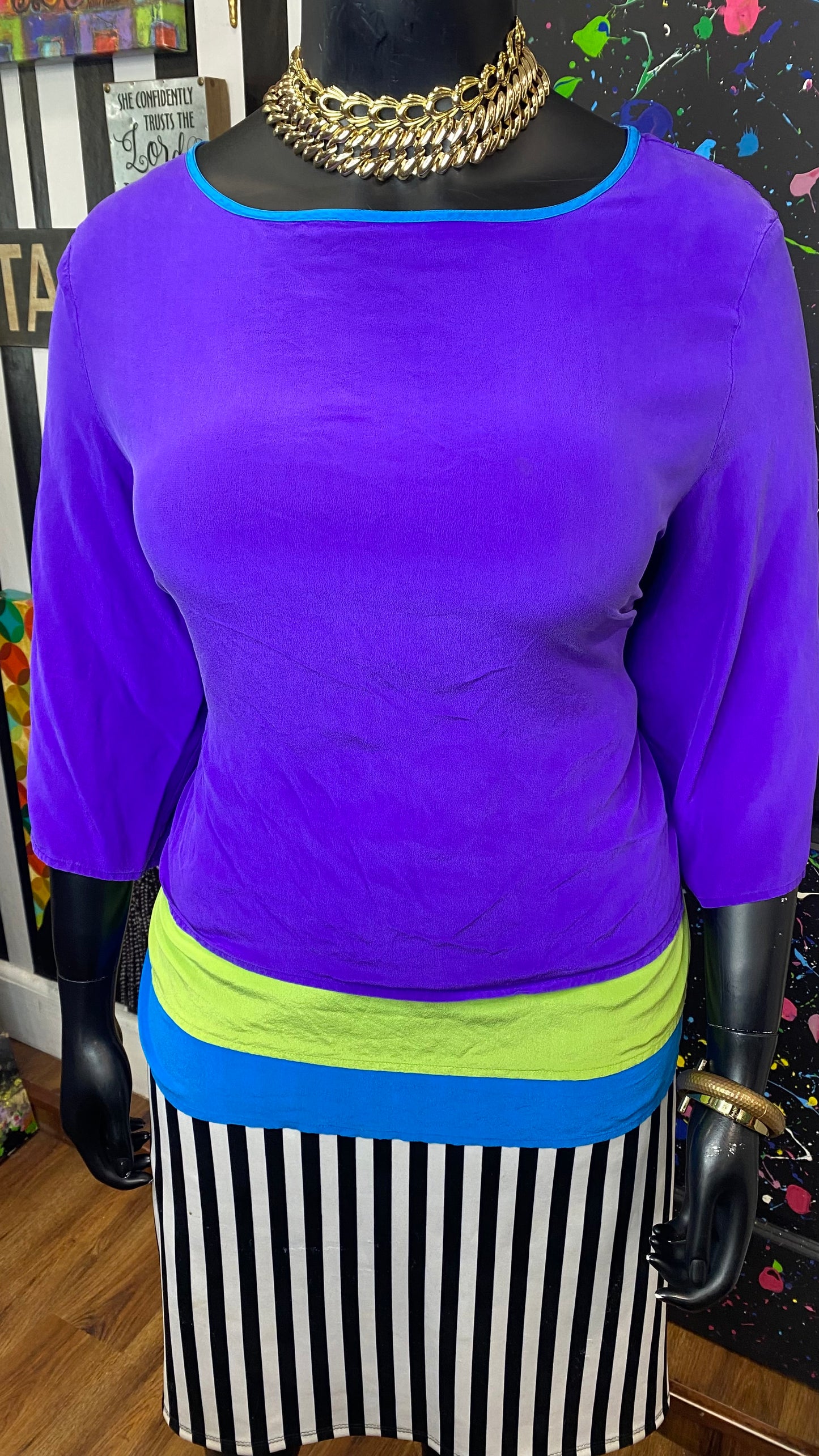 Vintage 100% Silk Purple Colorblock Diane Gilman Blouse (20)