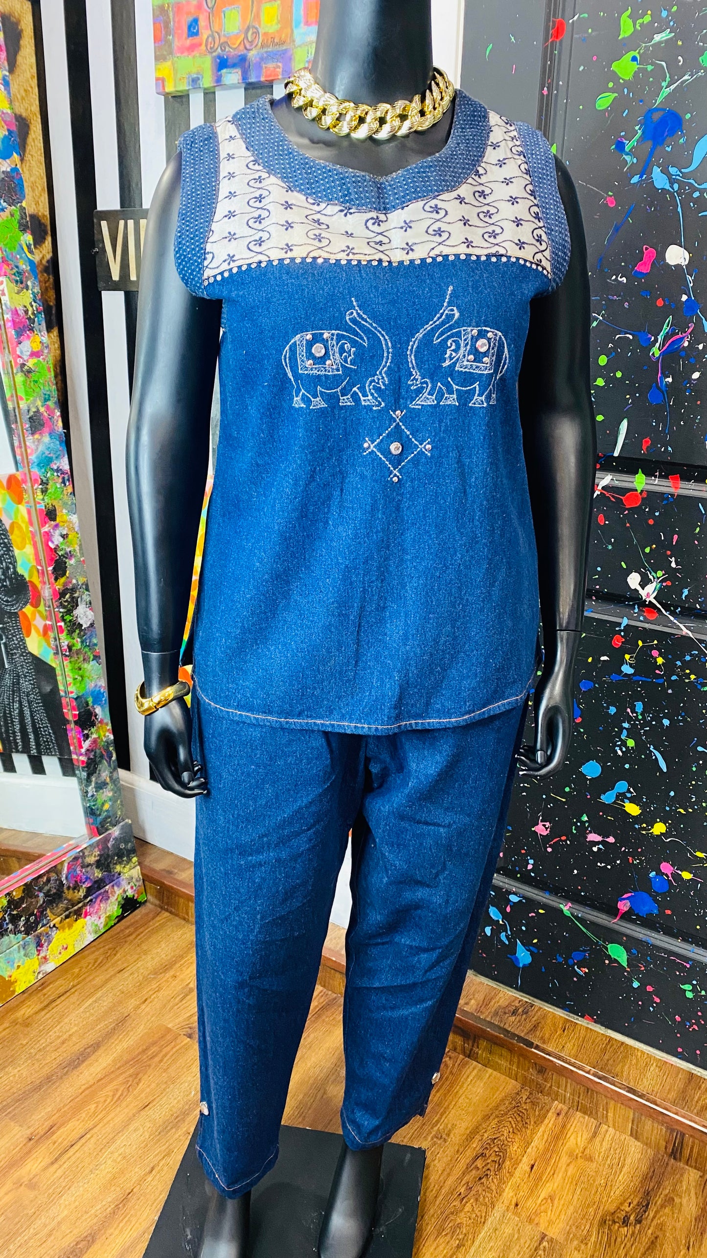 Vintage Denim Embroidered & Jeweled 3 Piece Pants Set (14)