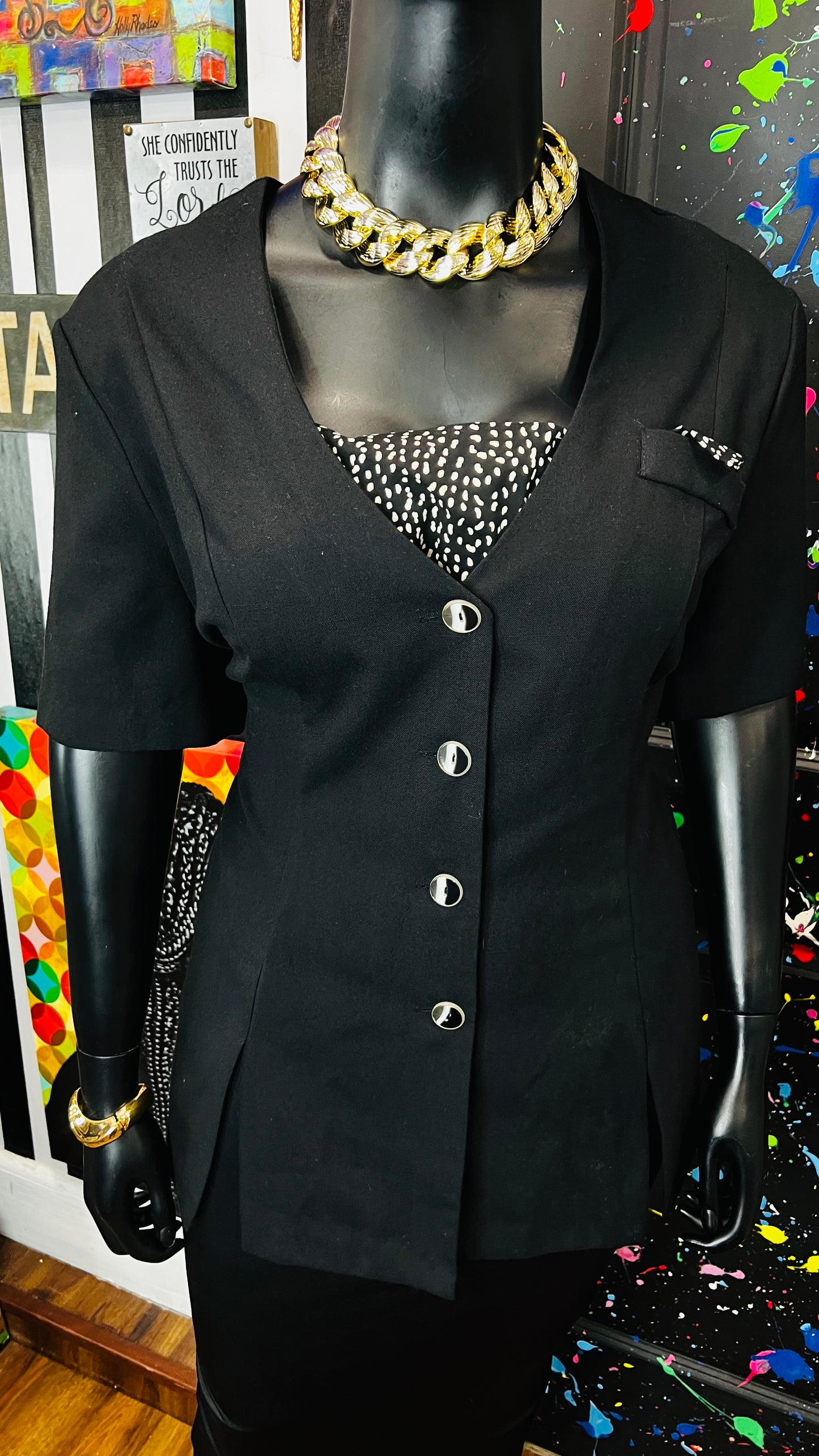 Vintage Black & Polka Dot Blazer Blouse (24W)