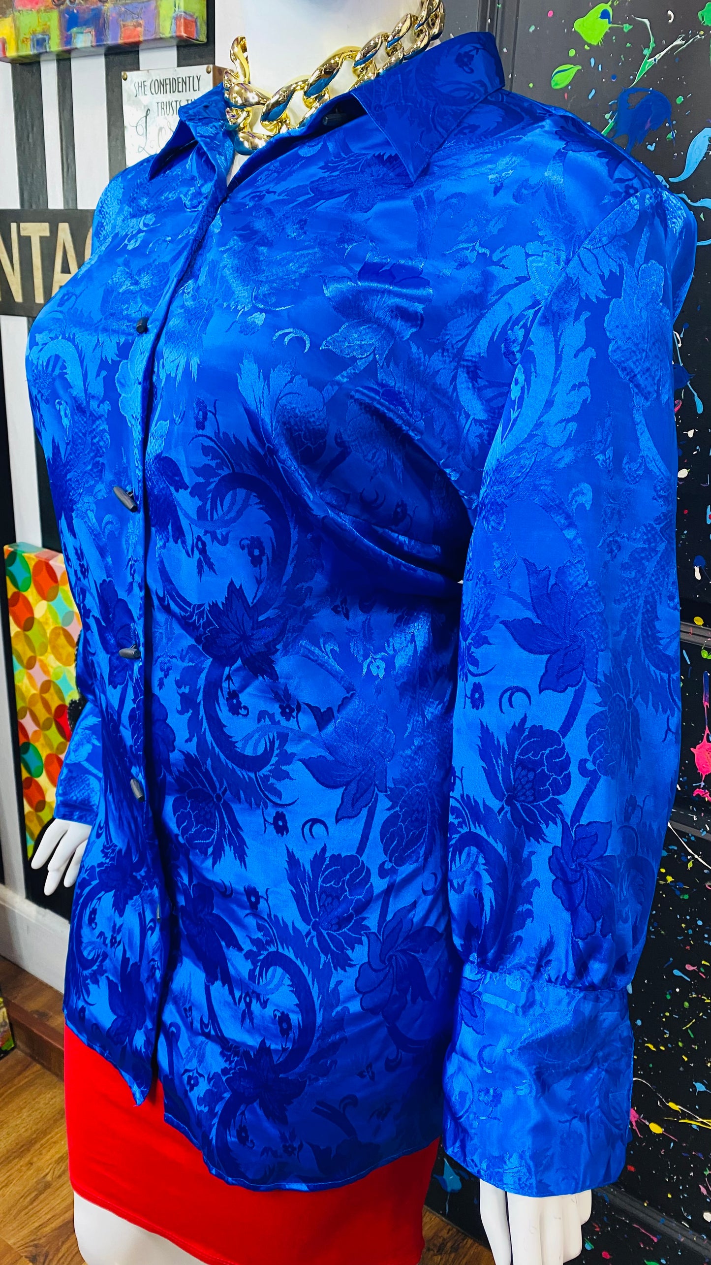 Vintage Solid Blue Paisley Print Blouse (26W)