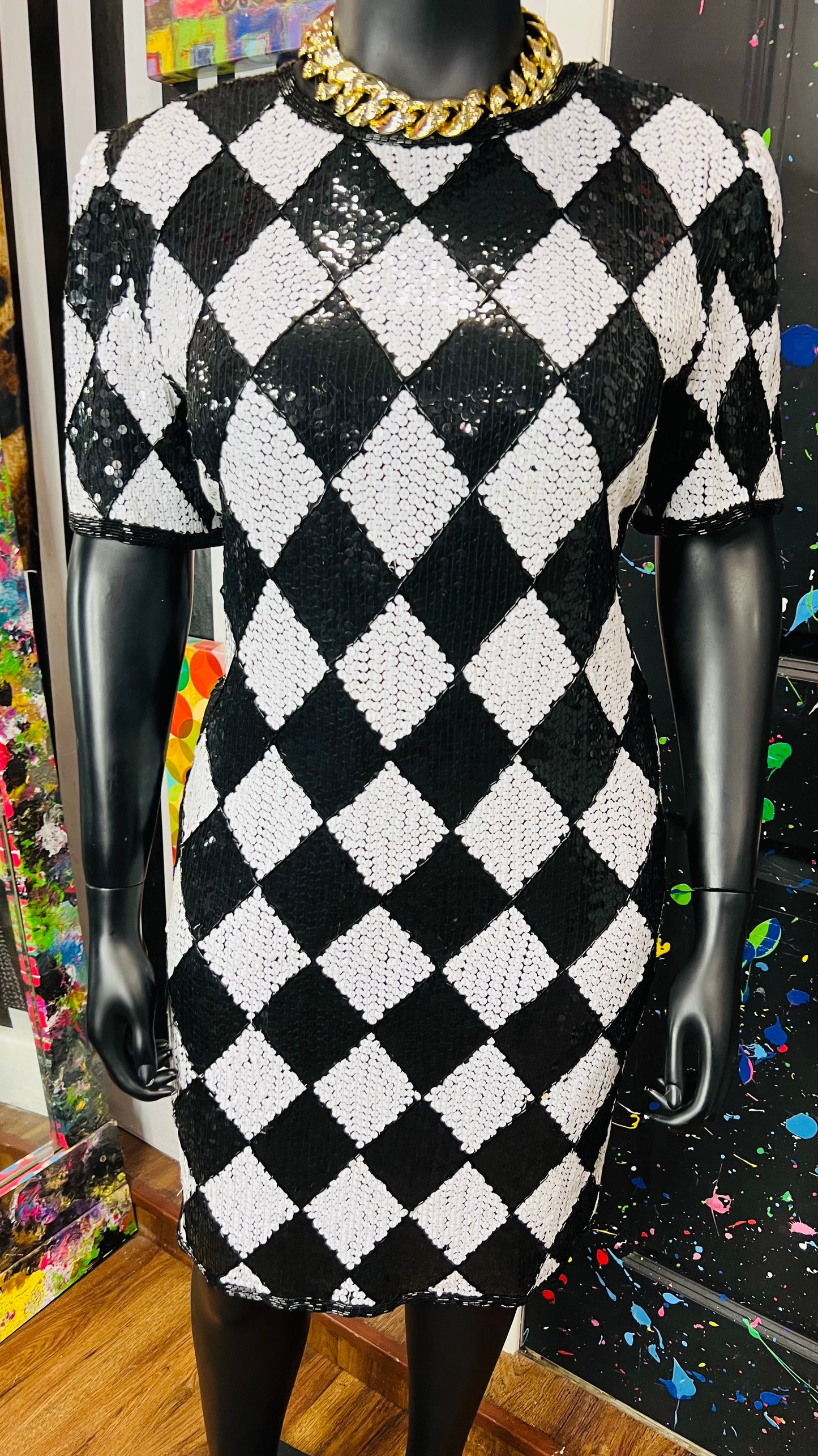 Vintage Black & White 100% Silk Sequin Dress (14)