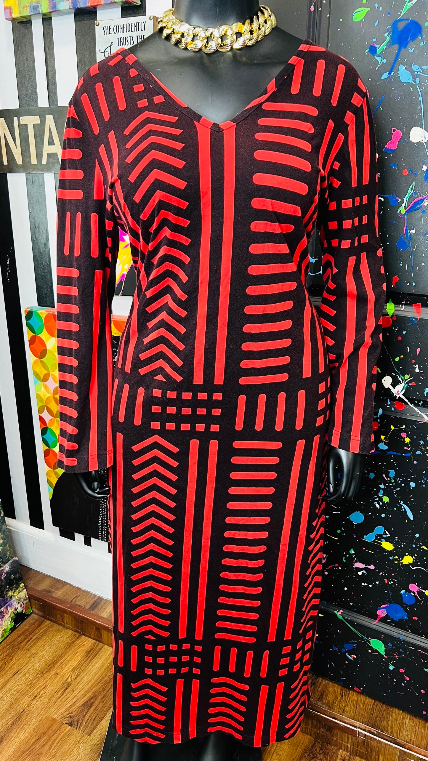 Vintage Cotton Tribal Black & Red Dress (18/20)