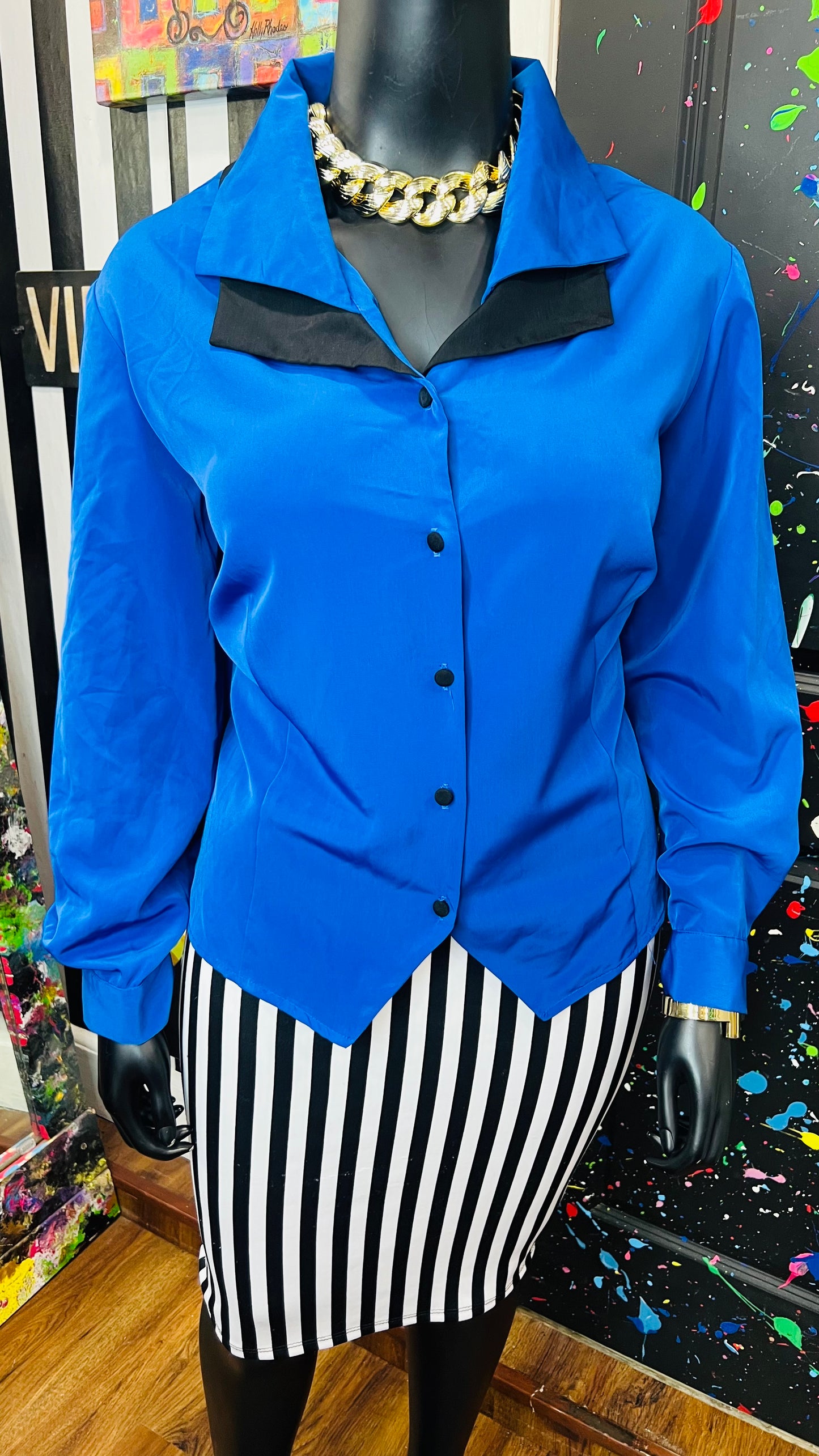 Vintage Blue & Black Blouse (24W)