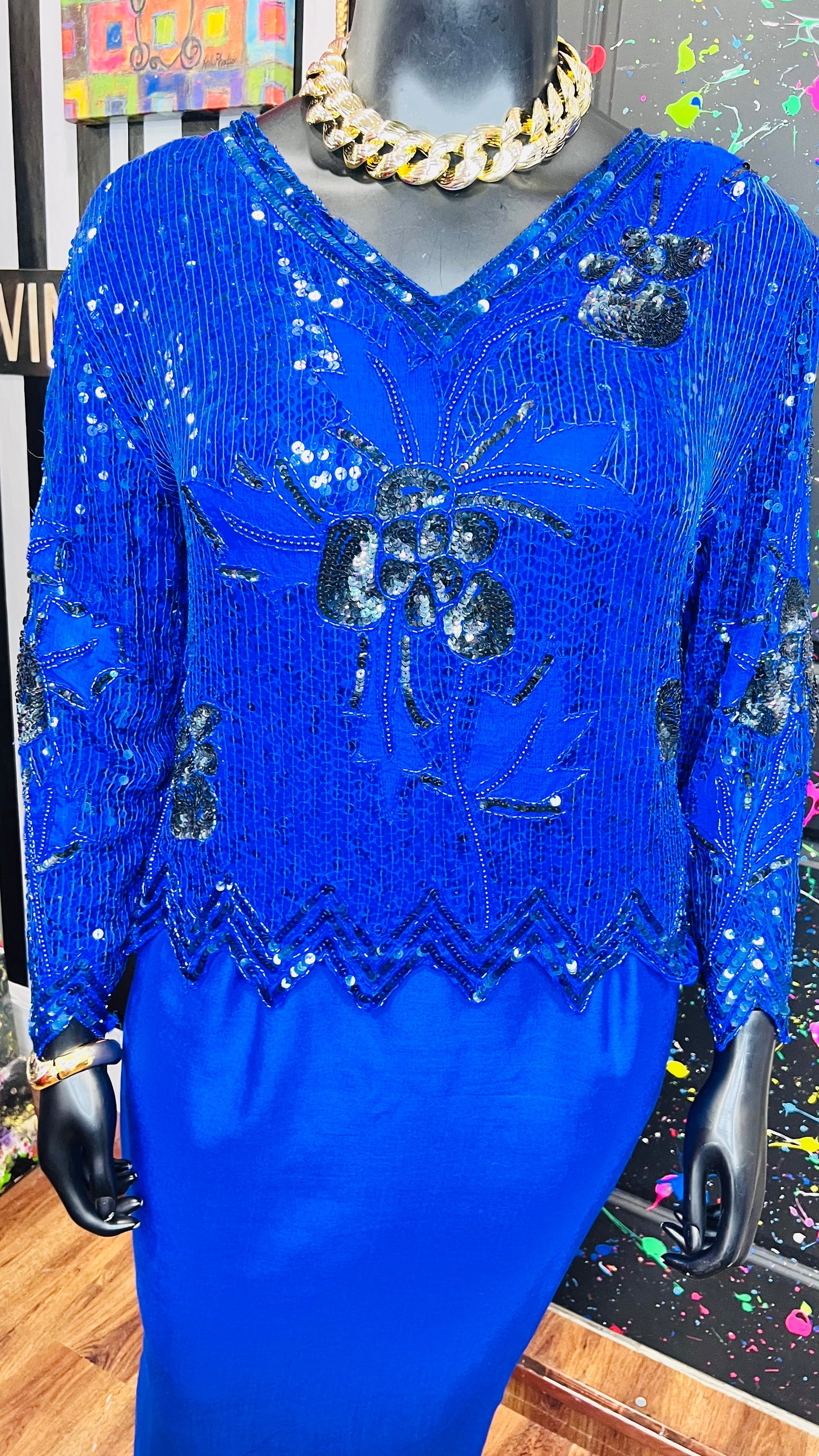 Vintage Blue & Black 100% Silk Sequin Blouse - Deadstock New w/Tags (18)