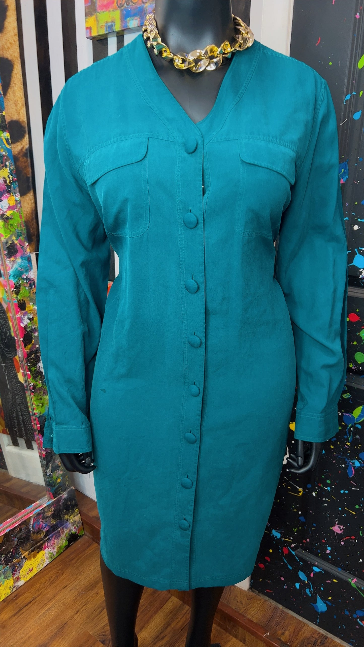 Vintage 100% Silk Teal Dress (18W)