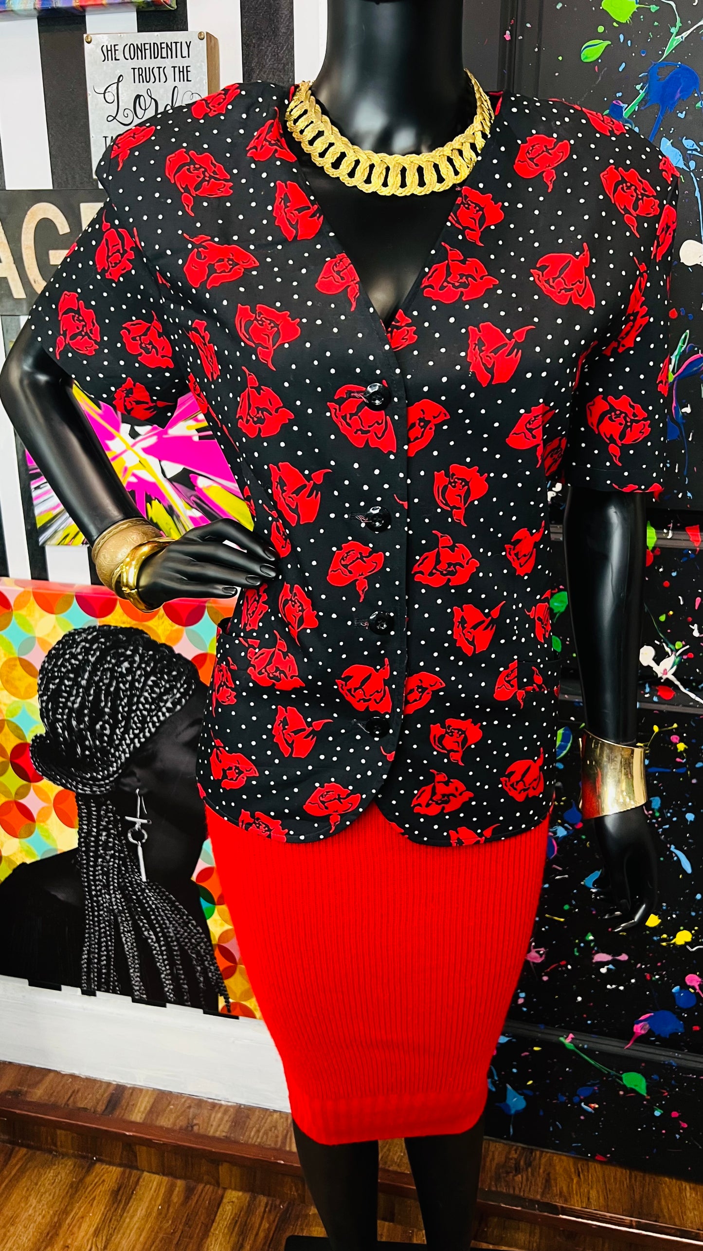 Vintage Polka Dot & Rose Blazer Blouse (12)