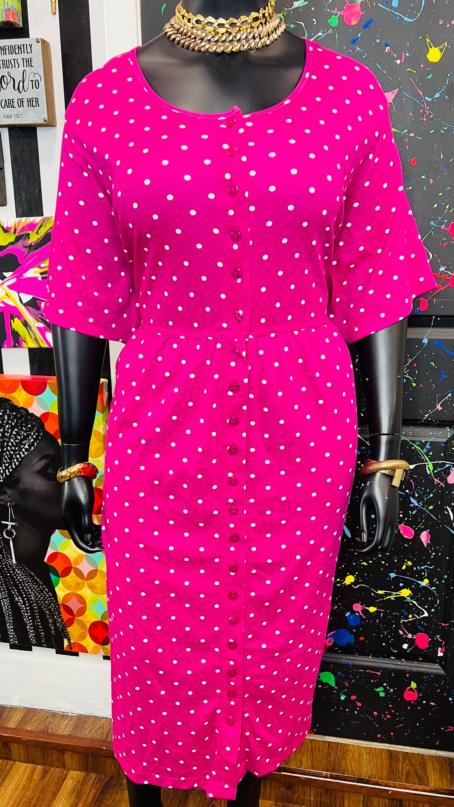 Vintage Pink & White Cotton Polka Dot Dress(24)