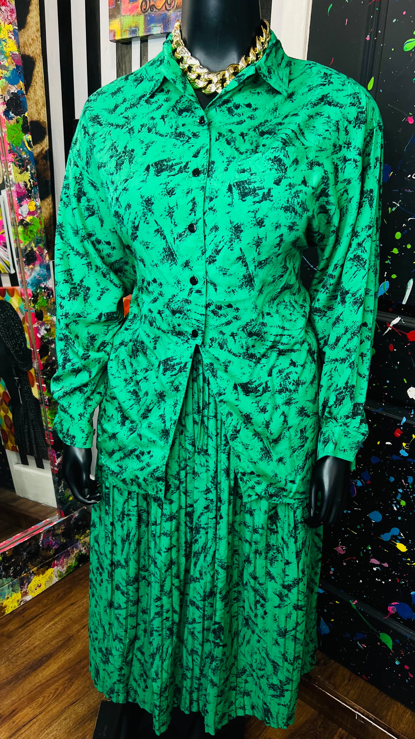 Vintage Green & Black Abstract Skirt Set (16/18)