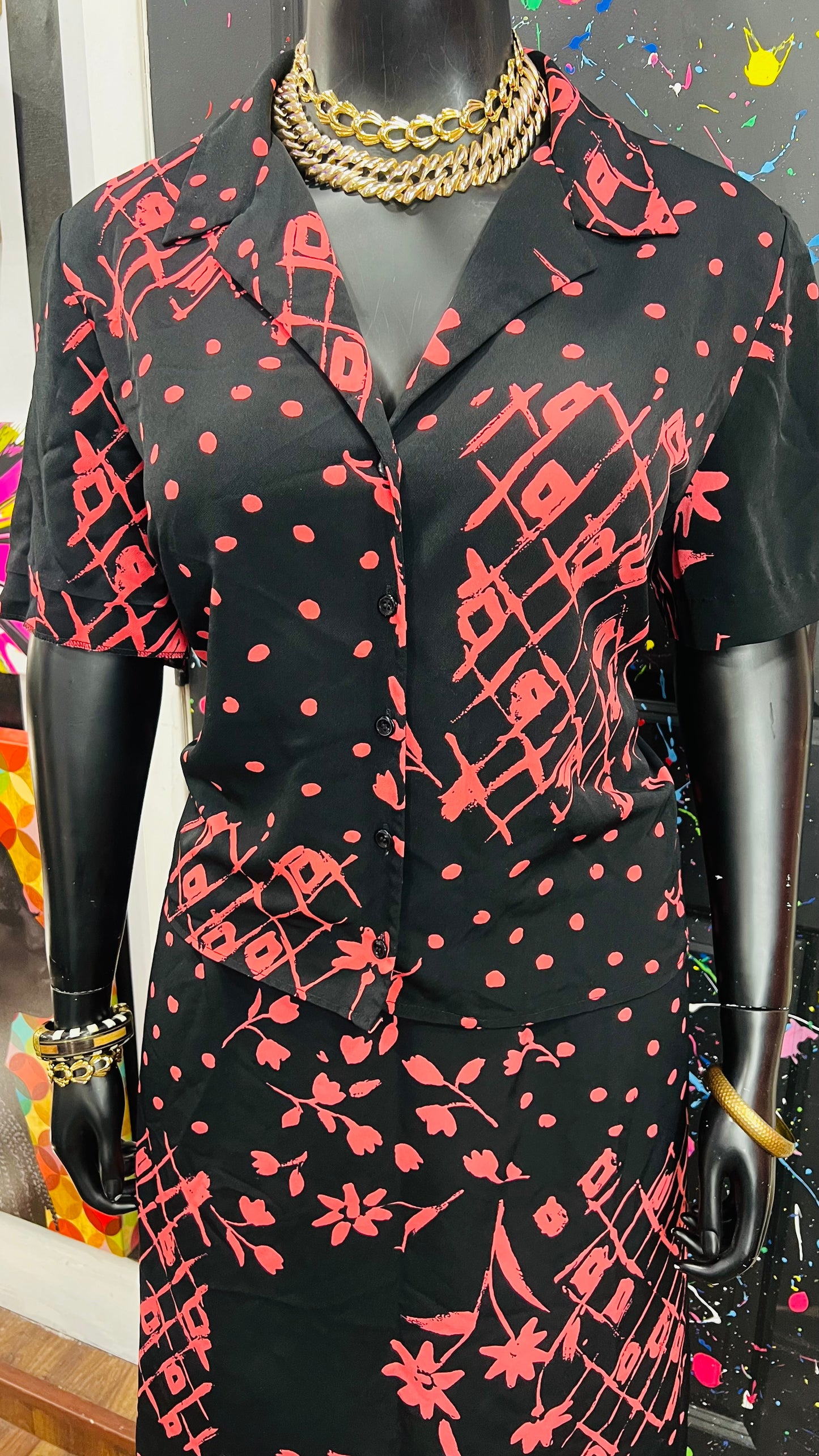 Vintage Pink, Black Polka Dot & Floral Skirt Set (18W)