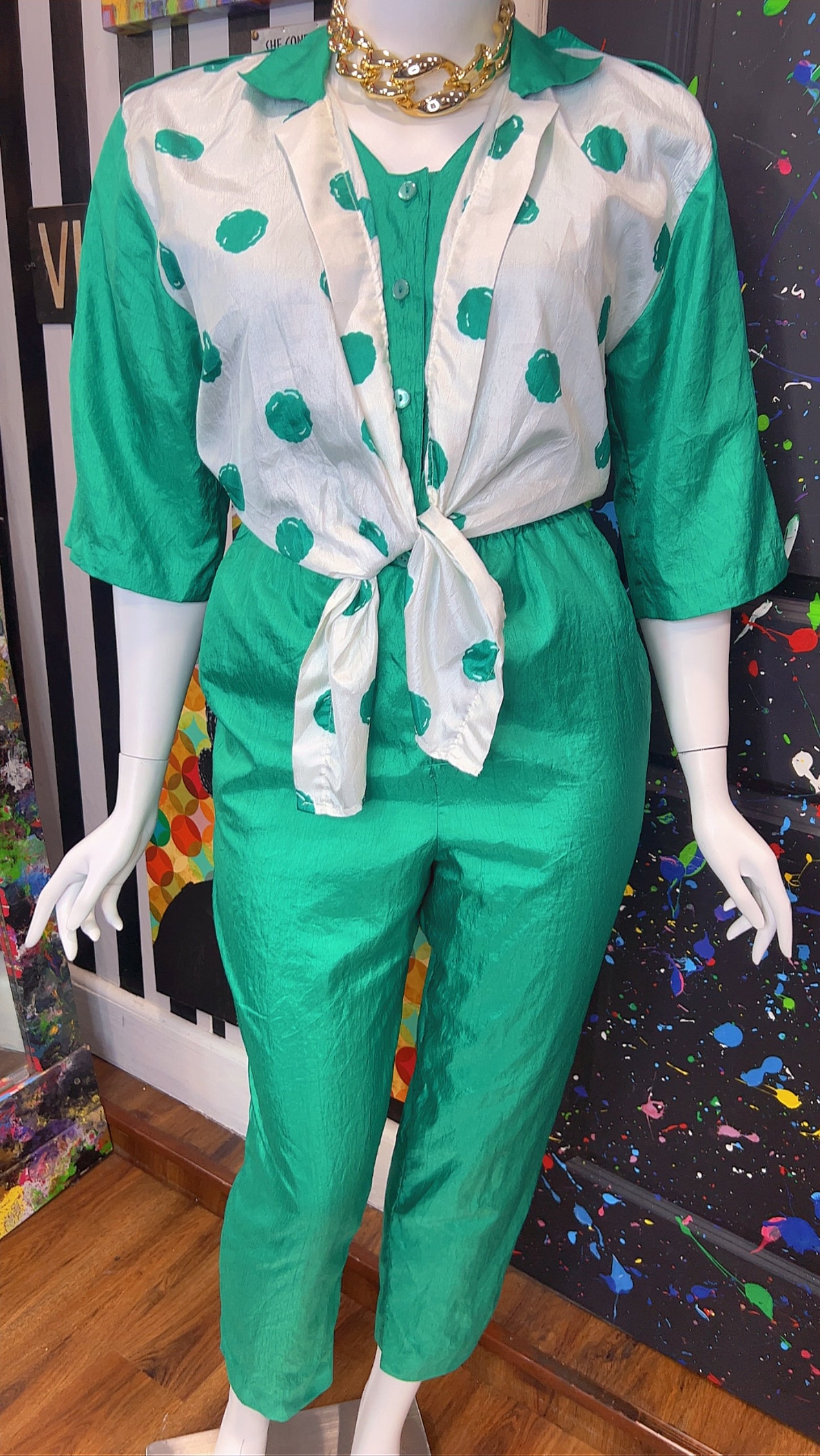 Vintage Green Jumpsuit w/ White & Green Polka Dots (14W)