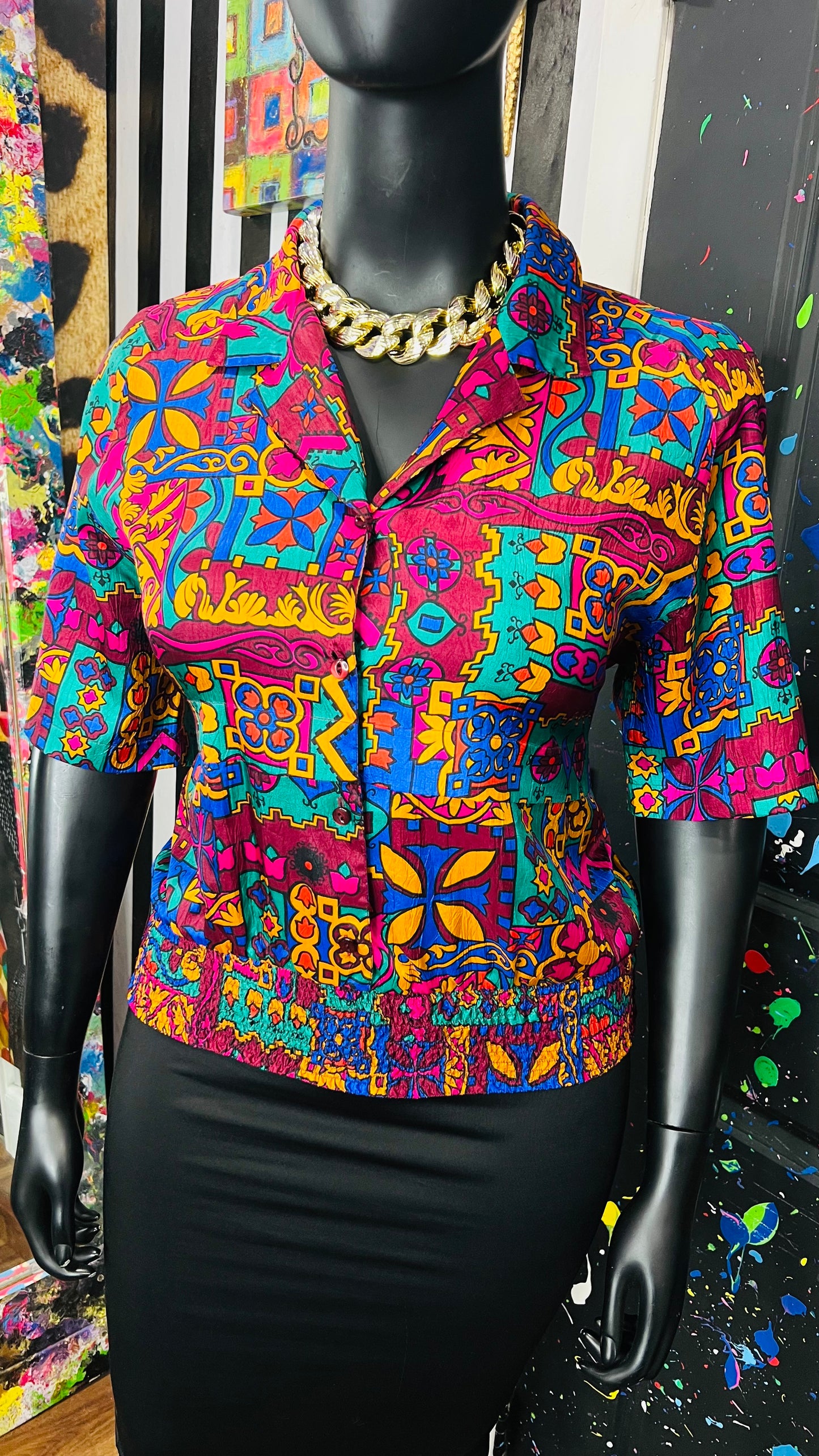 Vintage Abstact Elastic Waist Blouse (16)