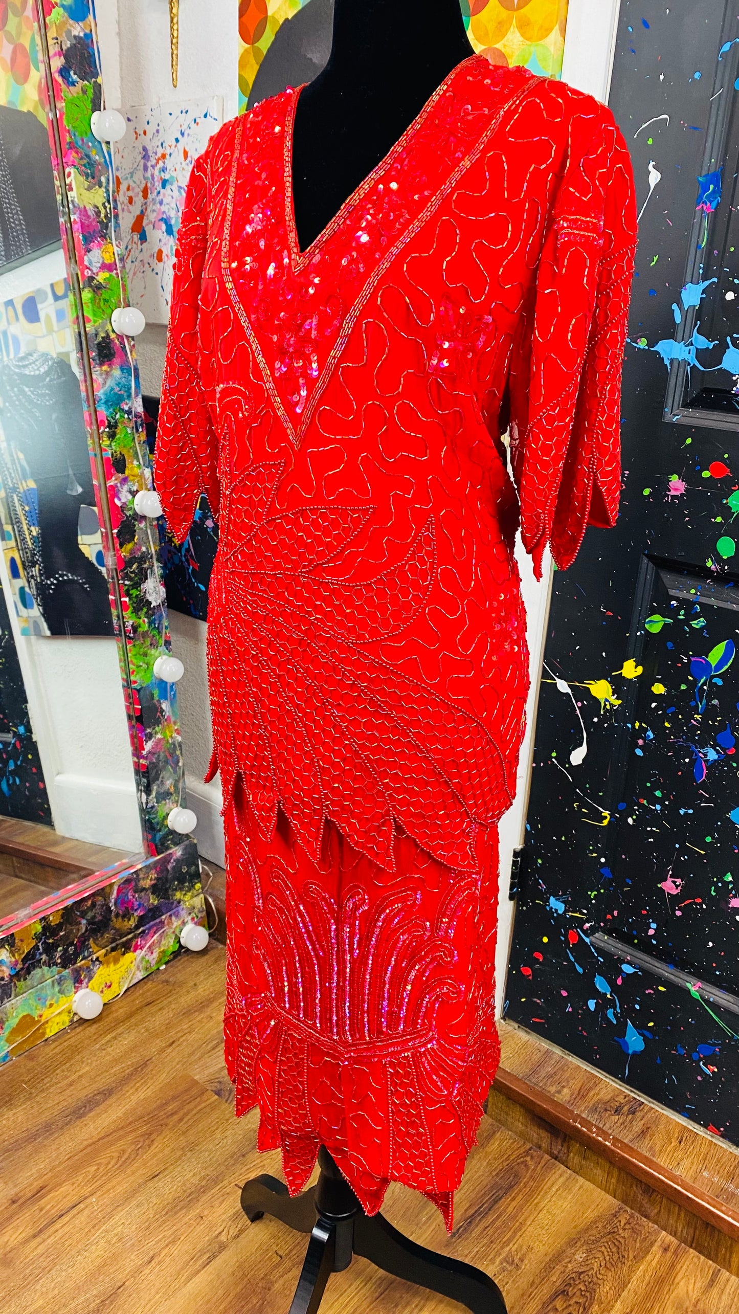 Vintage Red Sequins 2 piece skirt set