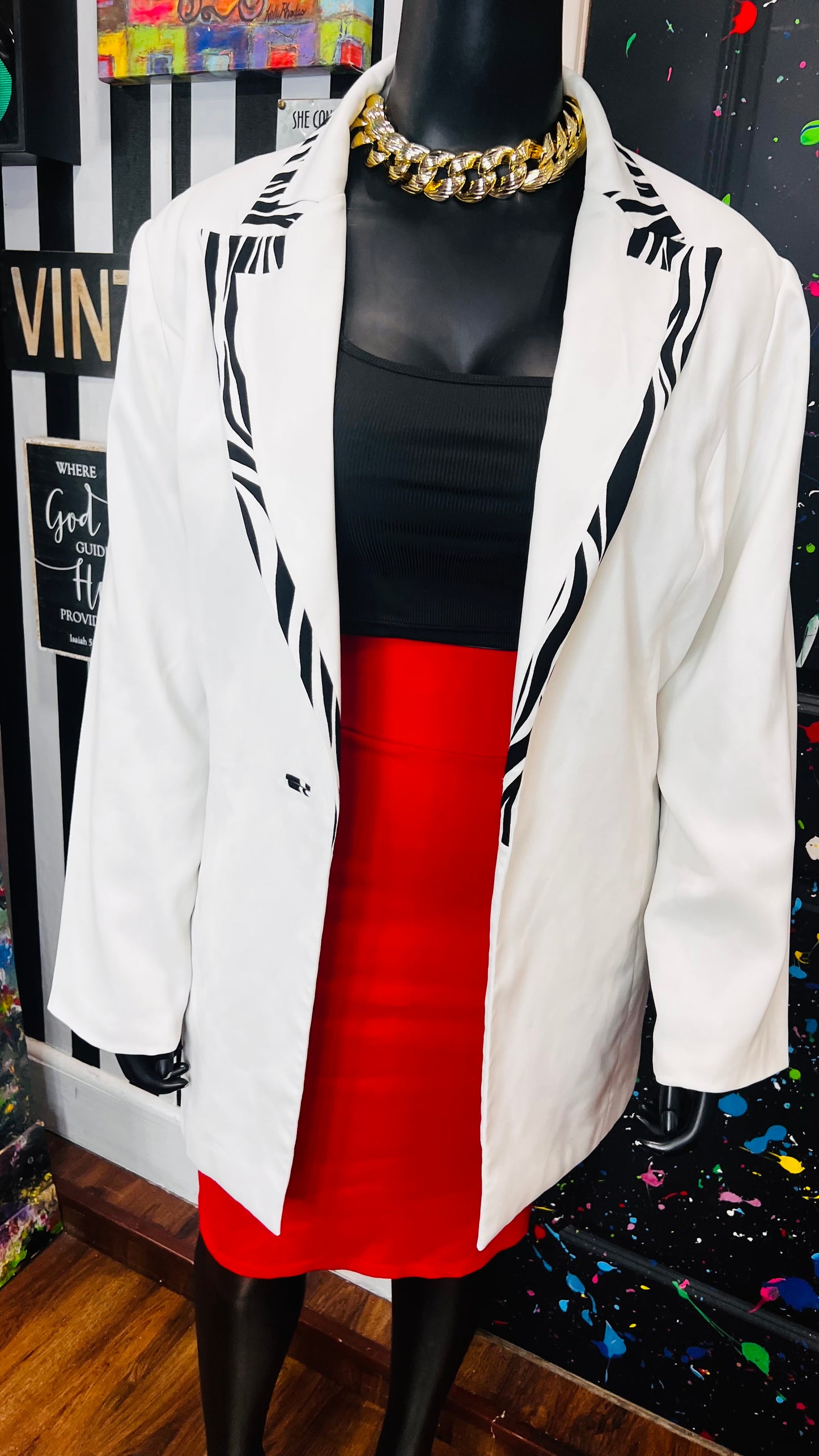 Plus Size Vintage Zebra Print Trim Blazer (22W)