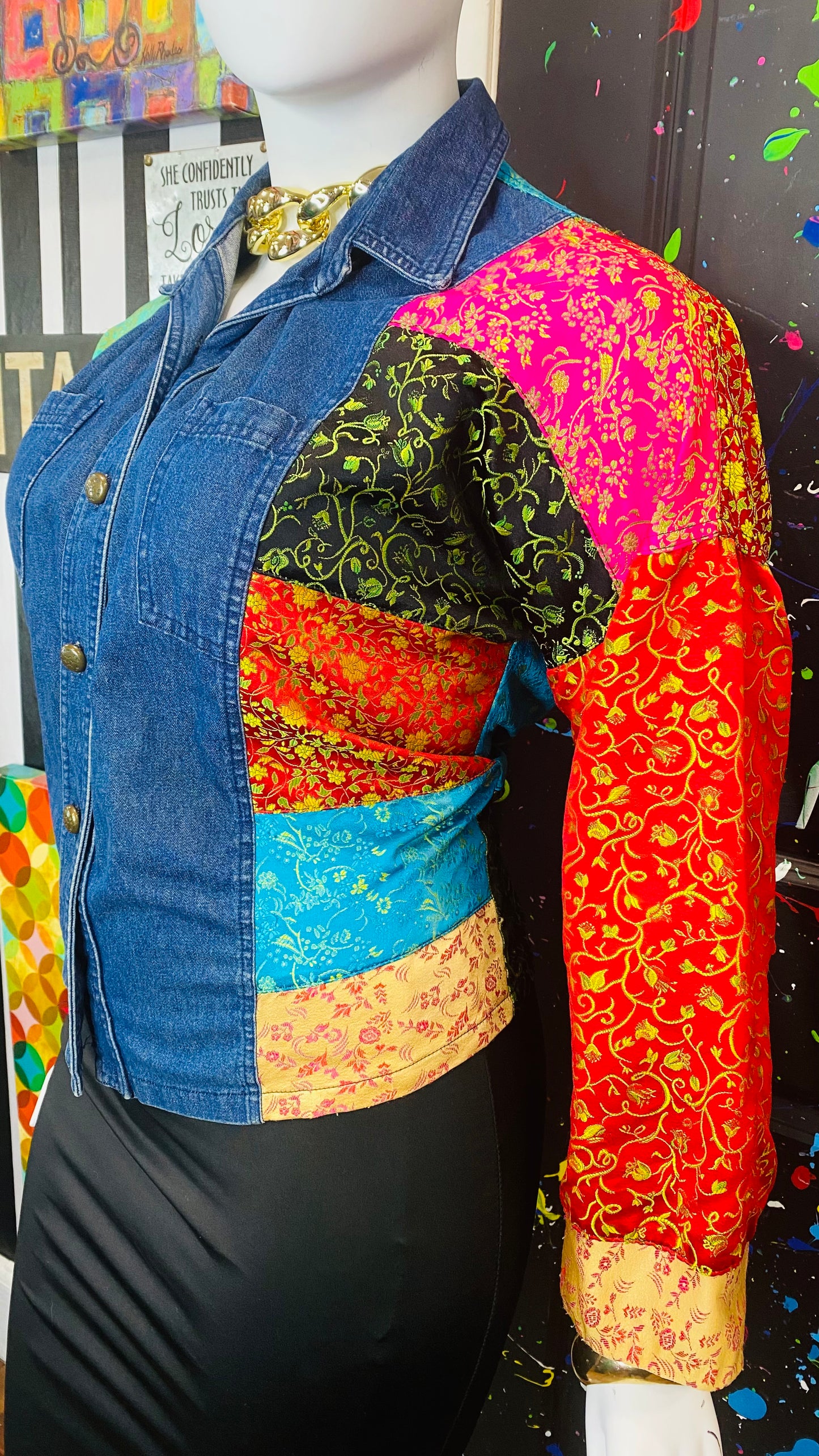 Vintage Denim & Satin Patchwork Blouse (24)
