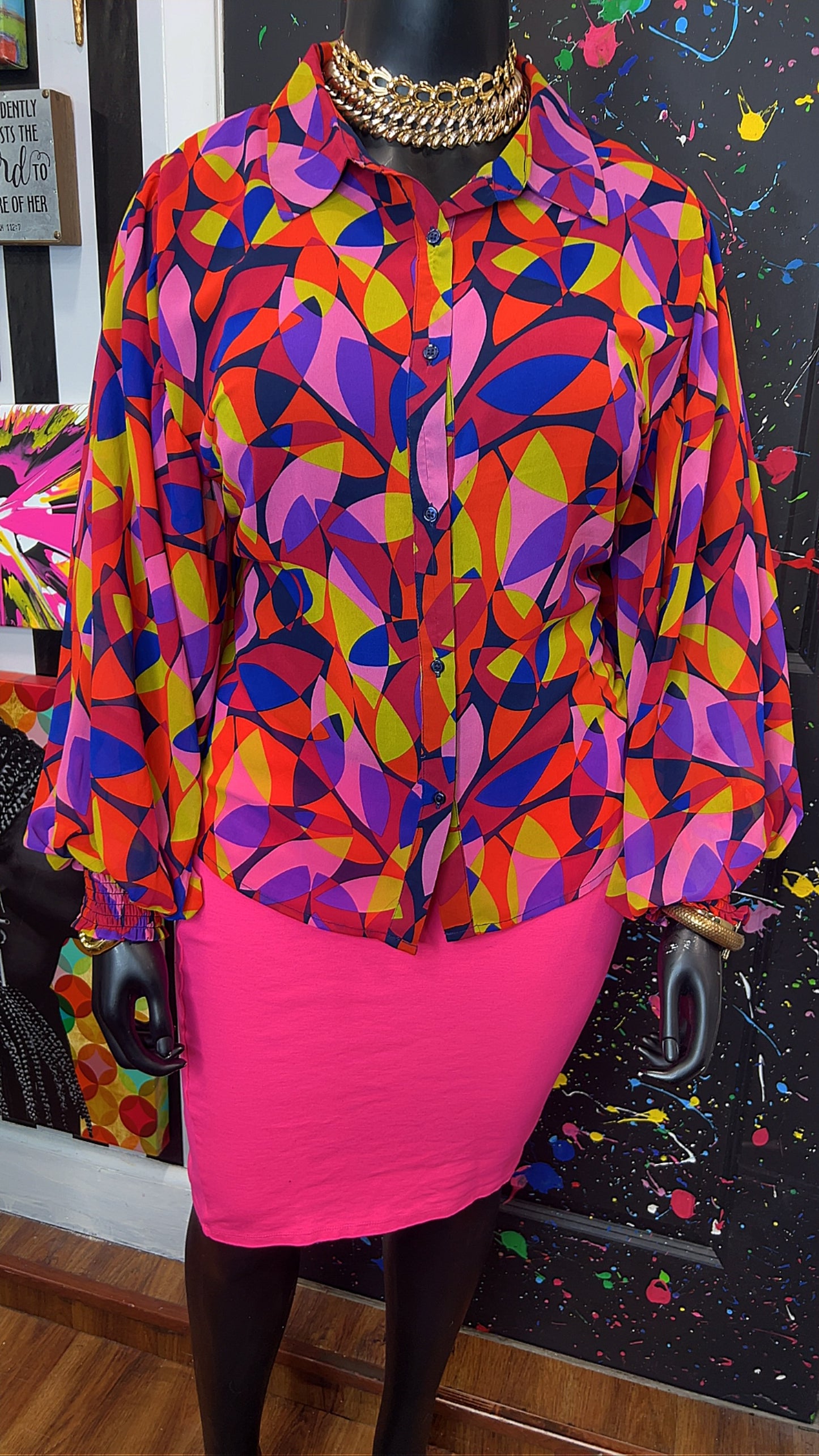 Abstract Ballon Sleeve Blouse (20/22)