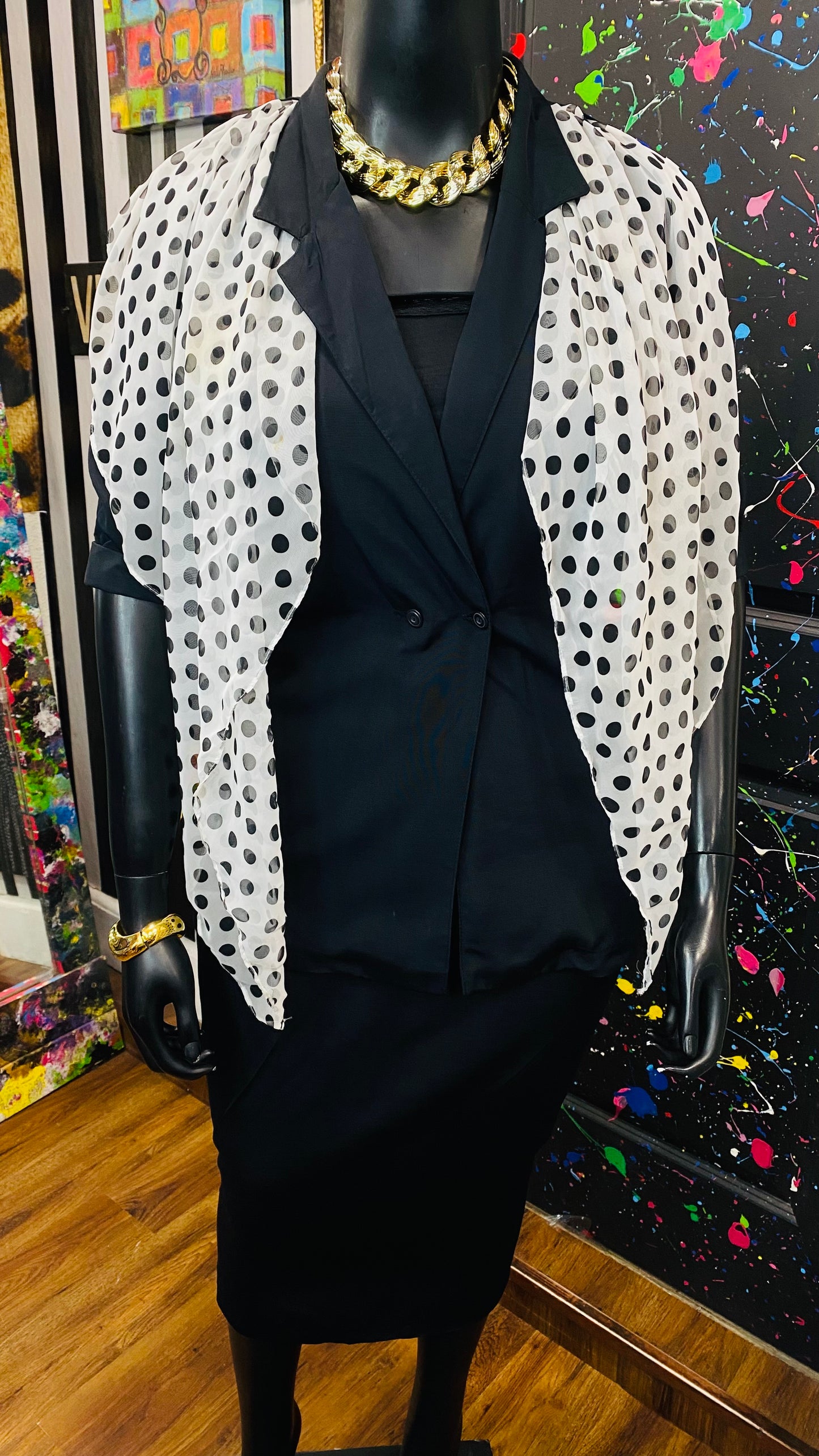 Vintage Black Skirt Set w/ Polka Dot & White Scarf (14)