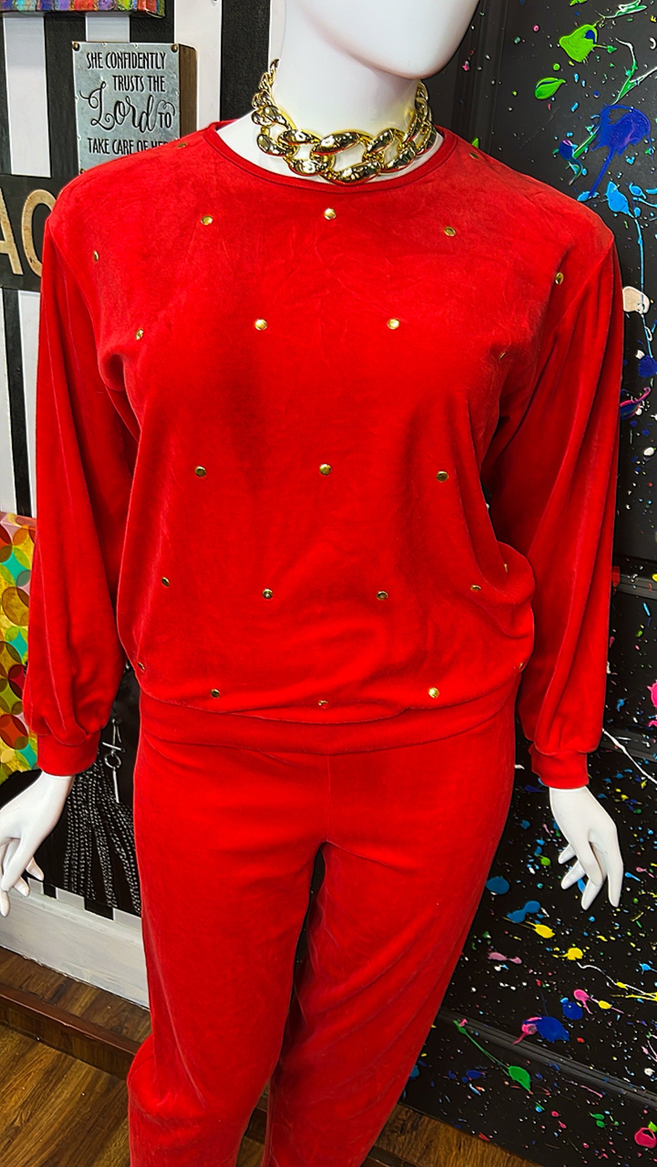 Vintage Red Studded Pants Velour Set (18)