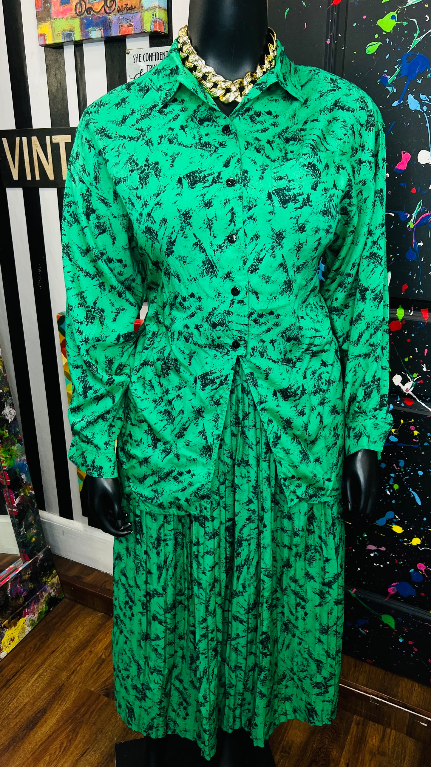 Vintage Green & Black Abstract Skirt Set (16/18)