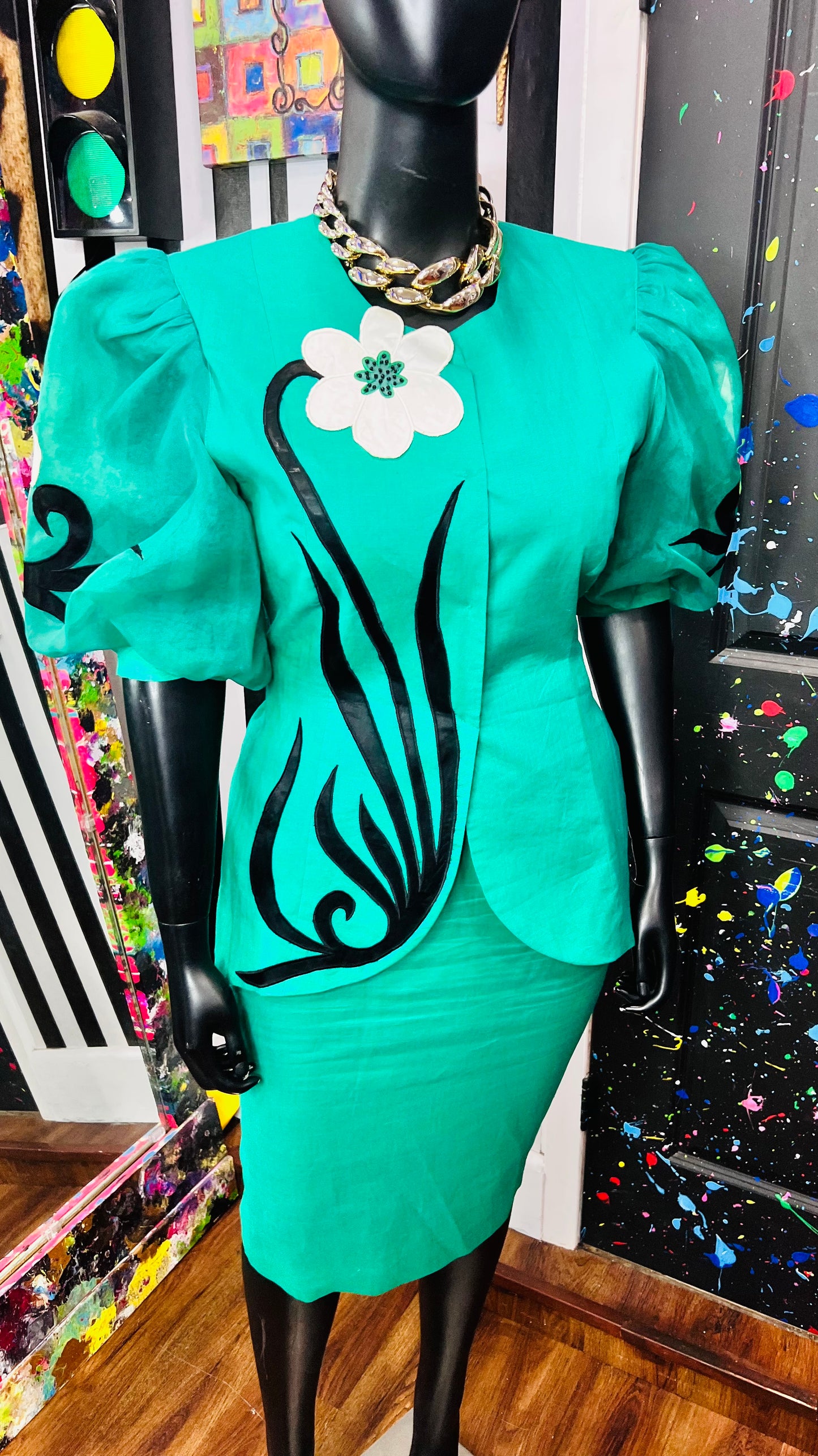 Vintage Green Black & White Skirt Suit (14)