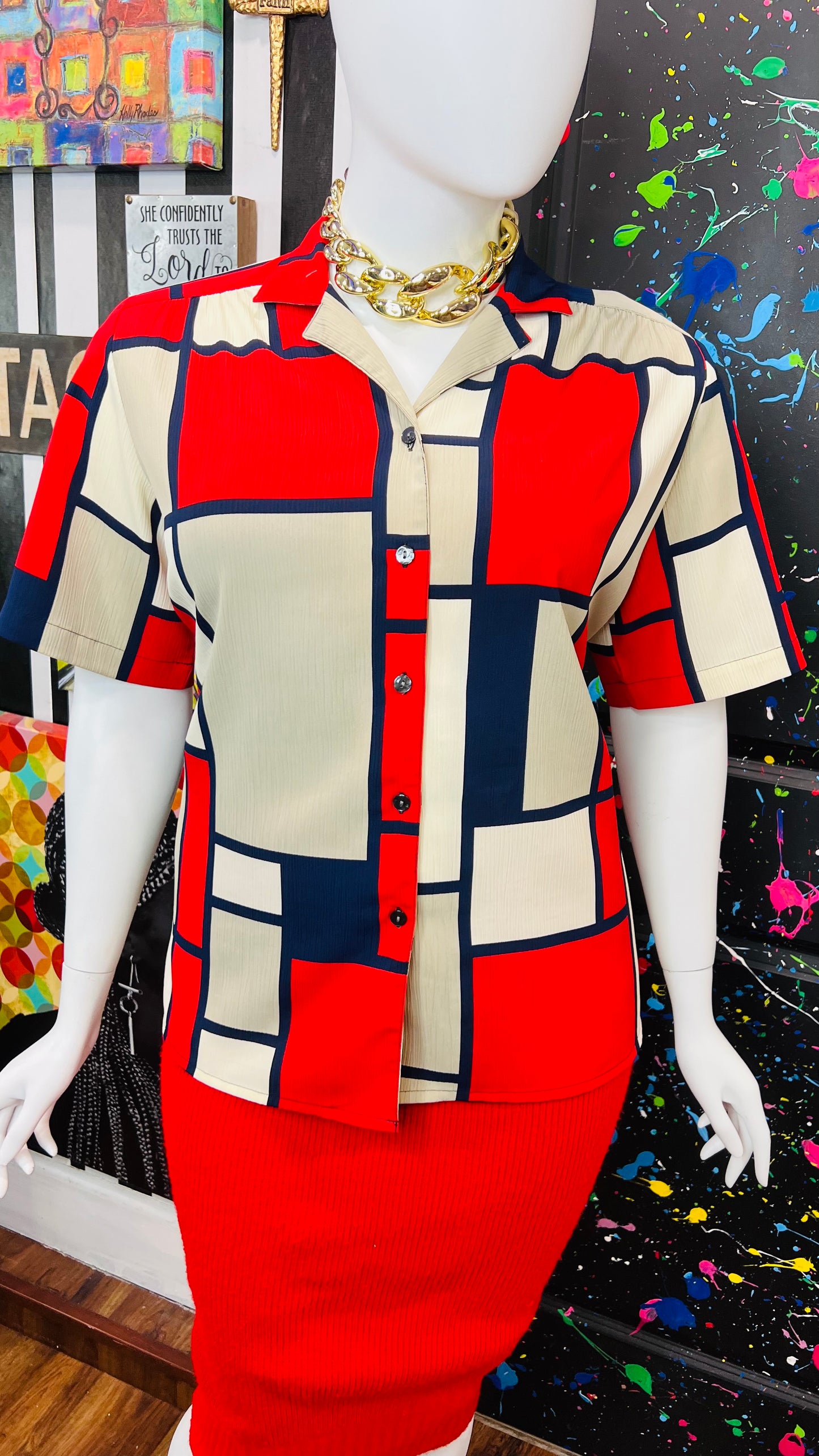 Vintage Navy Blue, Red & Cream Block Blouse (18W)