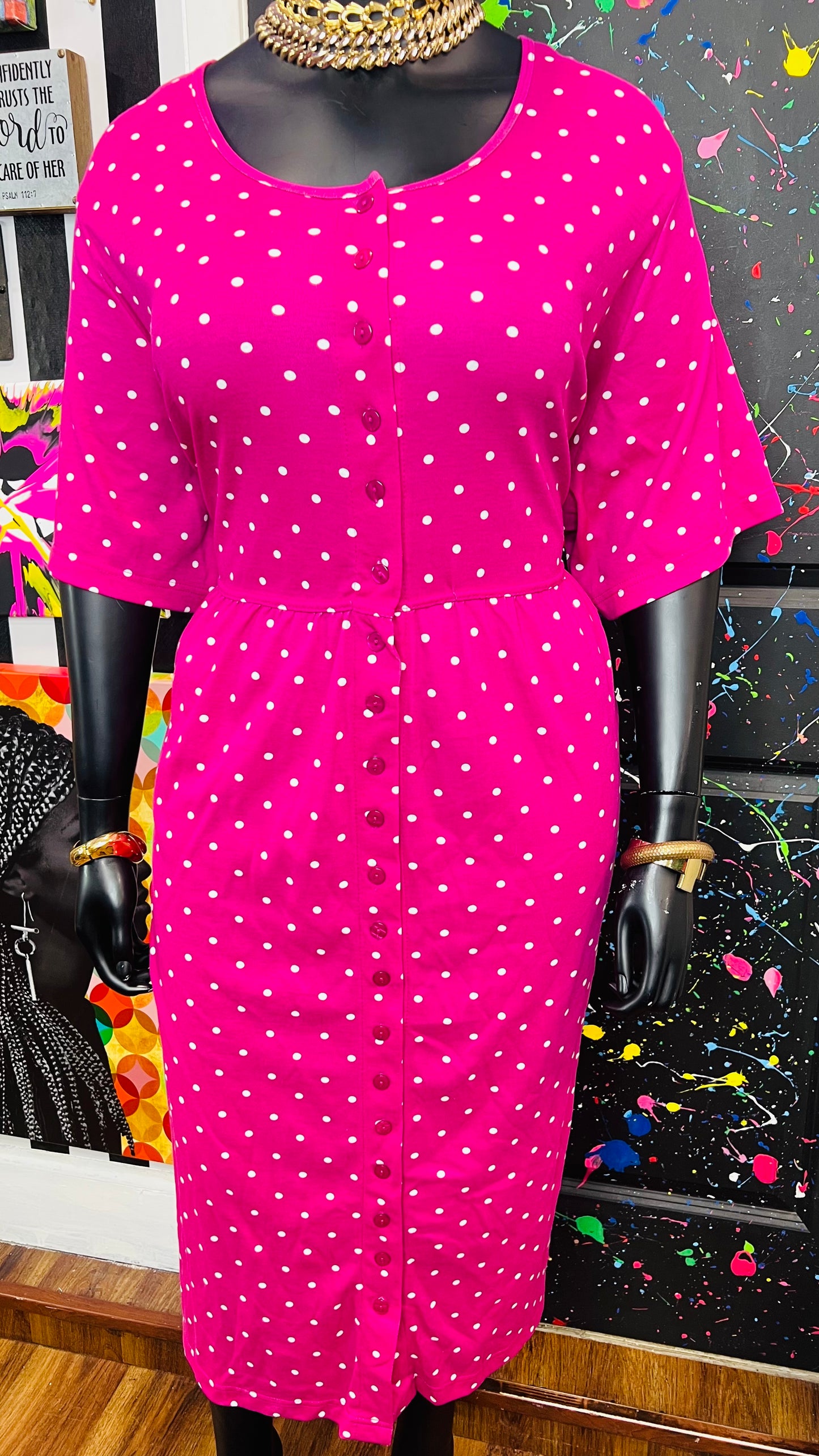 Vintage Pink & White Cotton Polka Dot Dress(24)