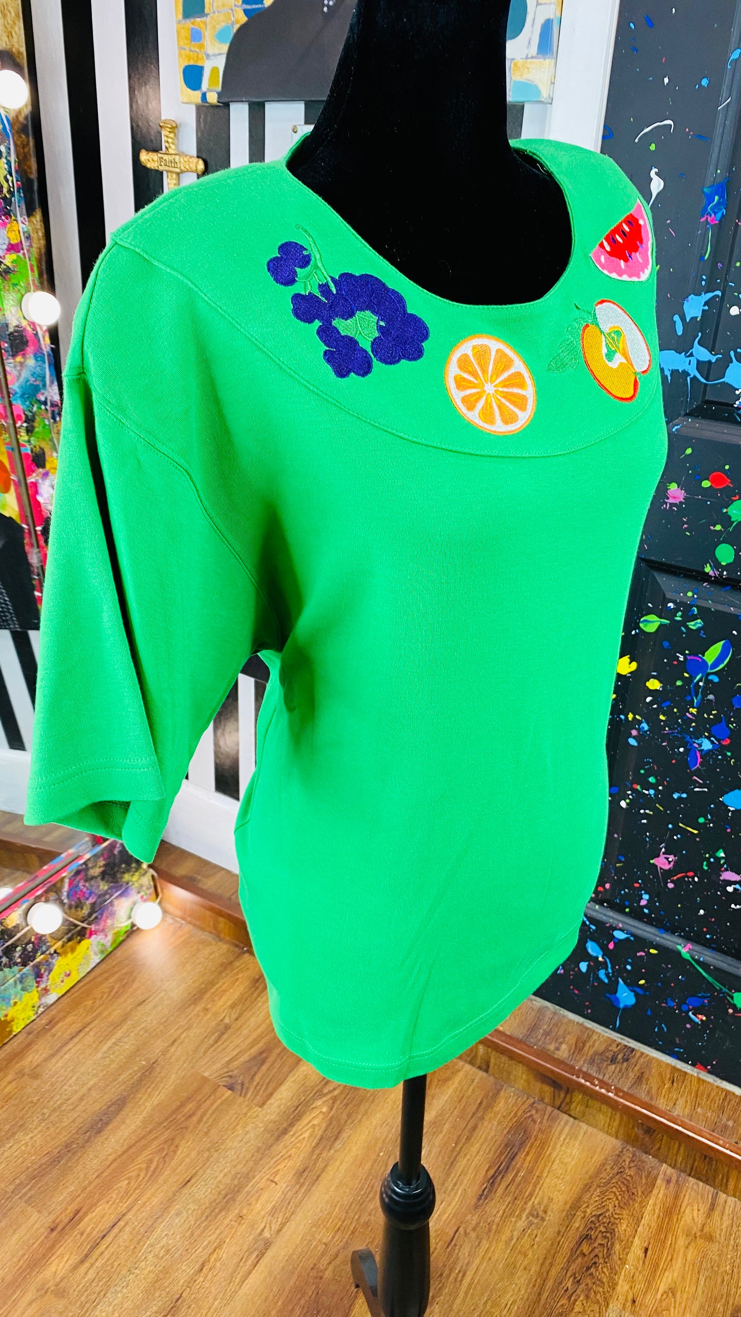 Vintage Green Fruit Print Short Sleeve Blouse