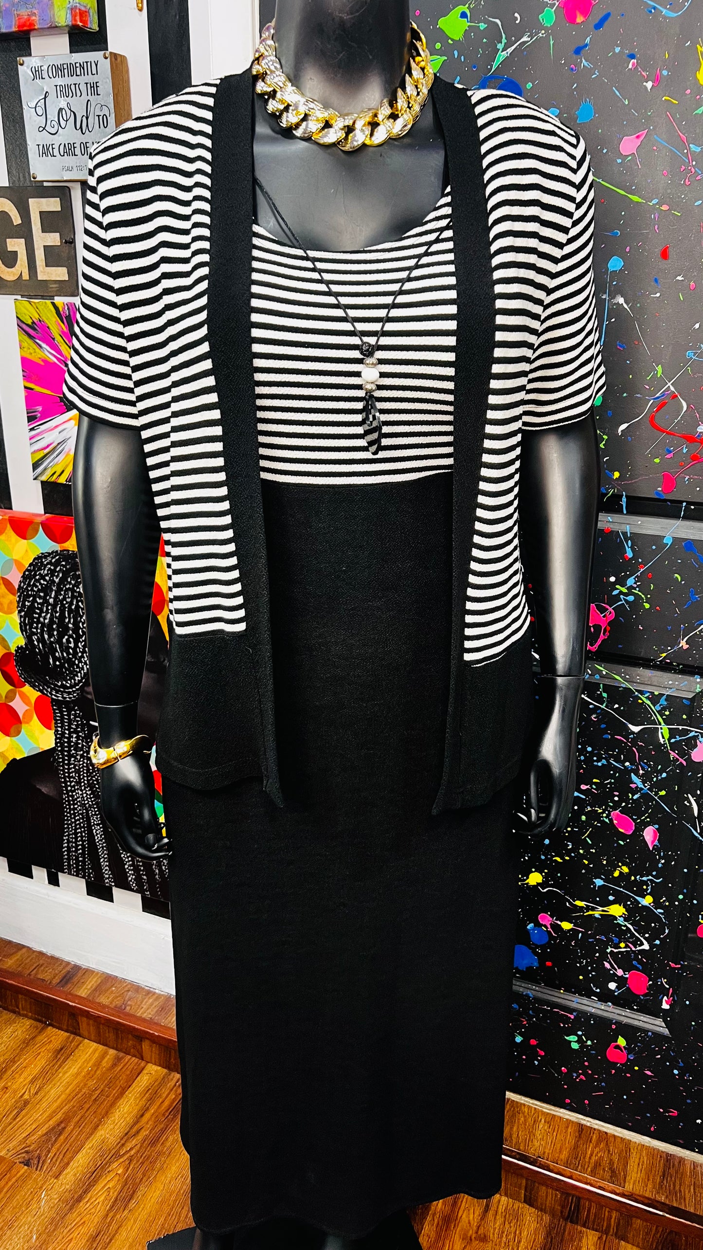 Vintage Black & White Striped Dress Set - Stretchy & Comfy (14)