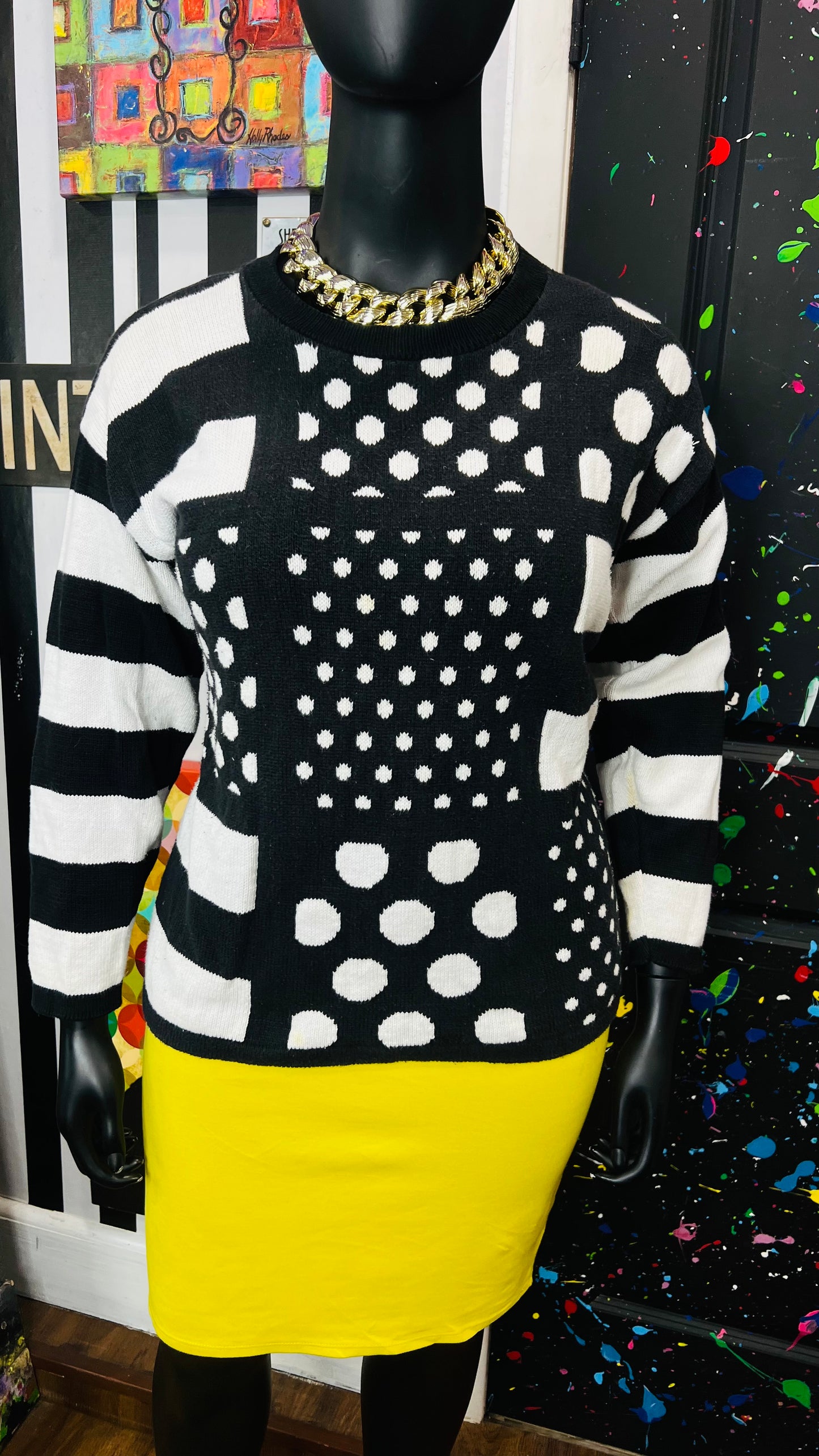 Vintage Black & White Polka Dot & Stripes Sweater (16)