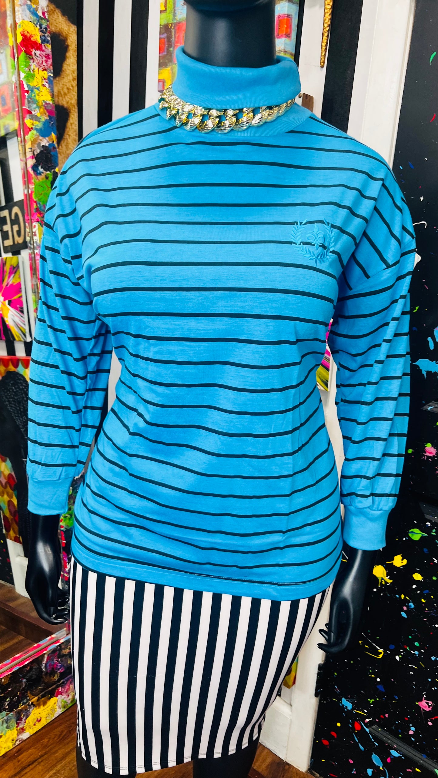 Vintage 100% Cotton Black Striped Turtle Neck- Blue (18)