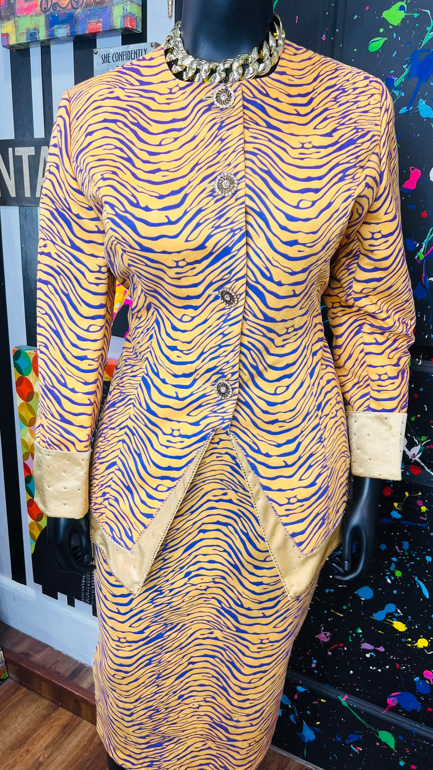 Vintage Tiger Striped Purple & Yellow Skirt Suit (18)