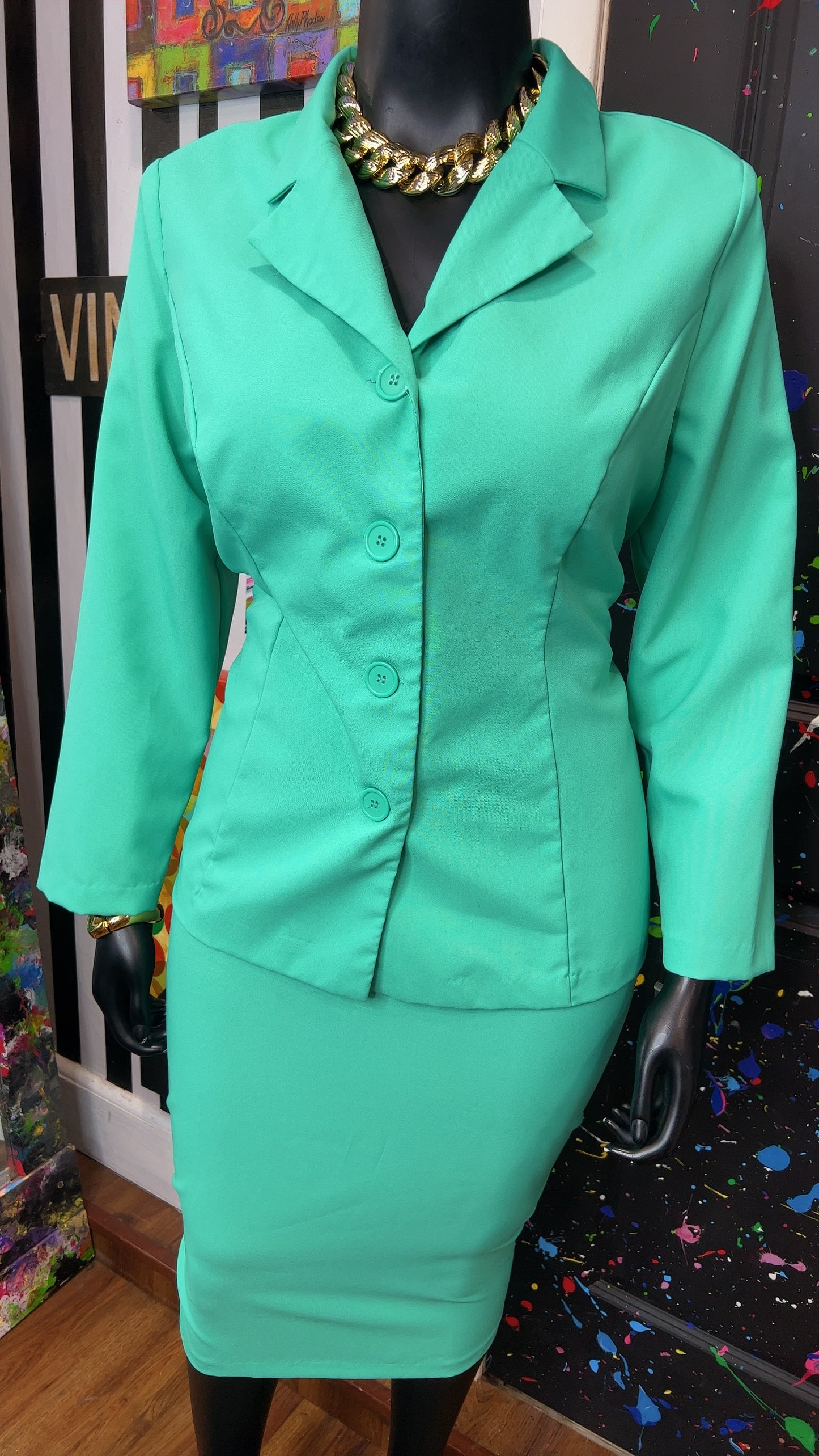 Vintage Teal Skirt & Blazer Suit (20W)