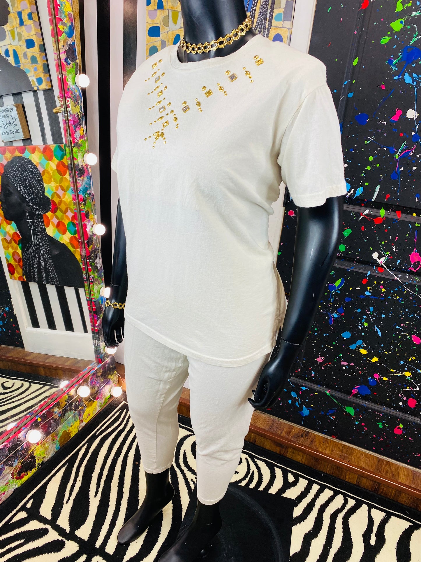 Vintage Cream Colored Gold Studded Pants Set