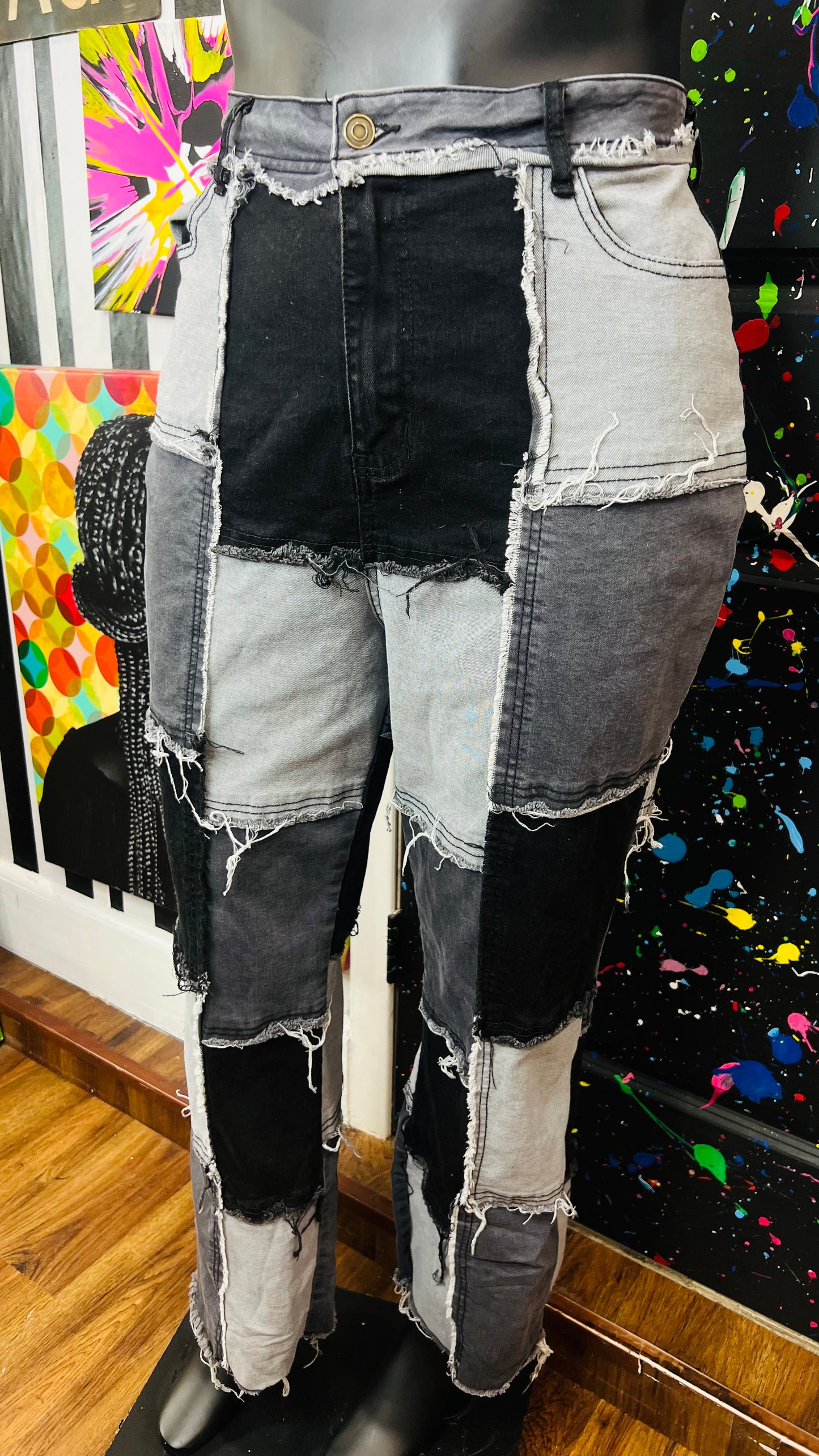 Patchwork Grey & Black Denim Stretch Jeans (16)