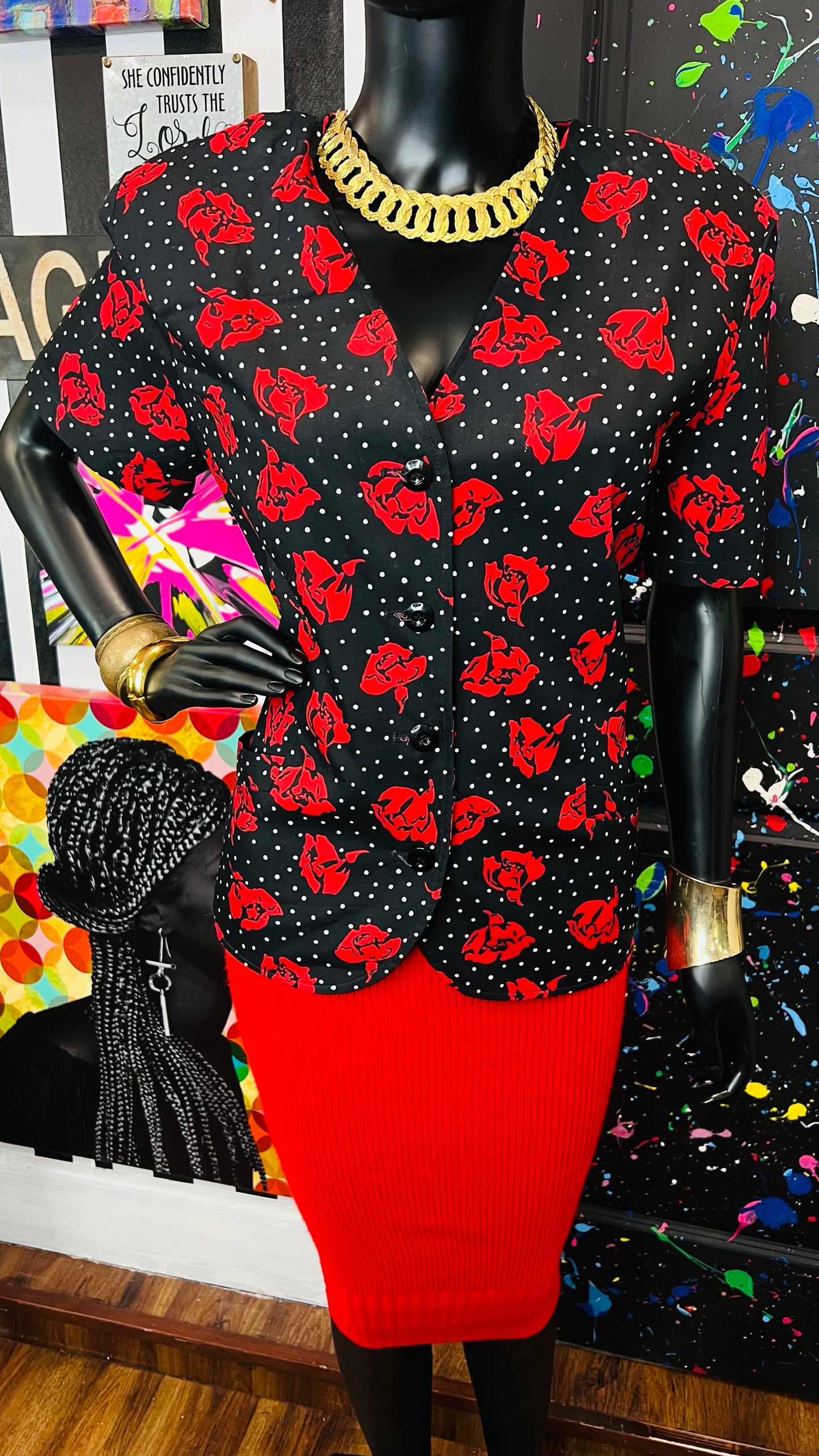 Vintage Polka Dot & Rose Blazer Blouse (12)