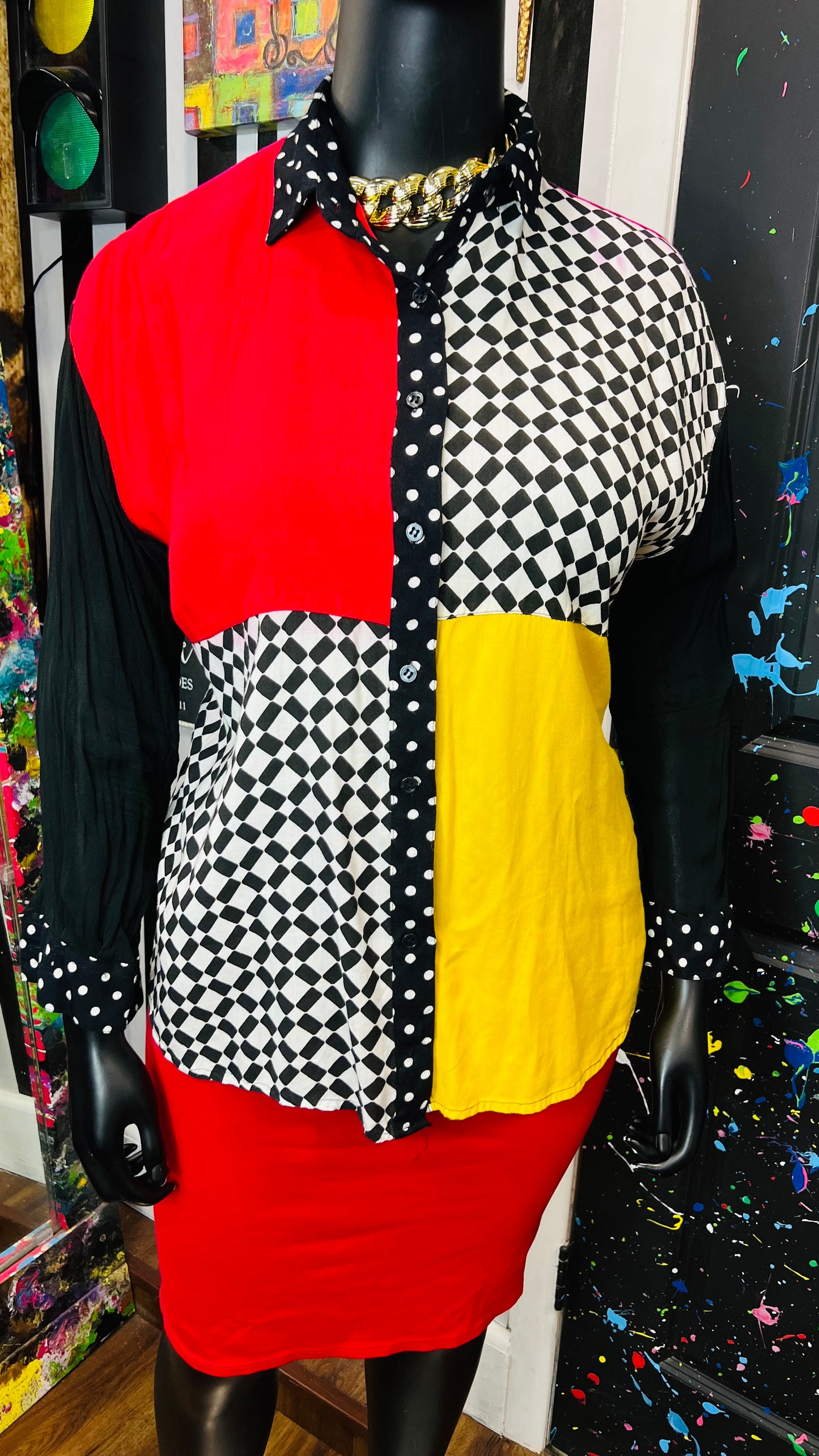 Plus Size Vintage Color Block Sheer Arms Blouse (18/20)